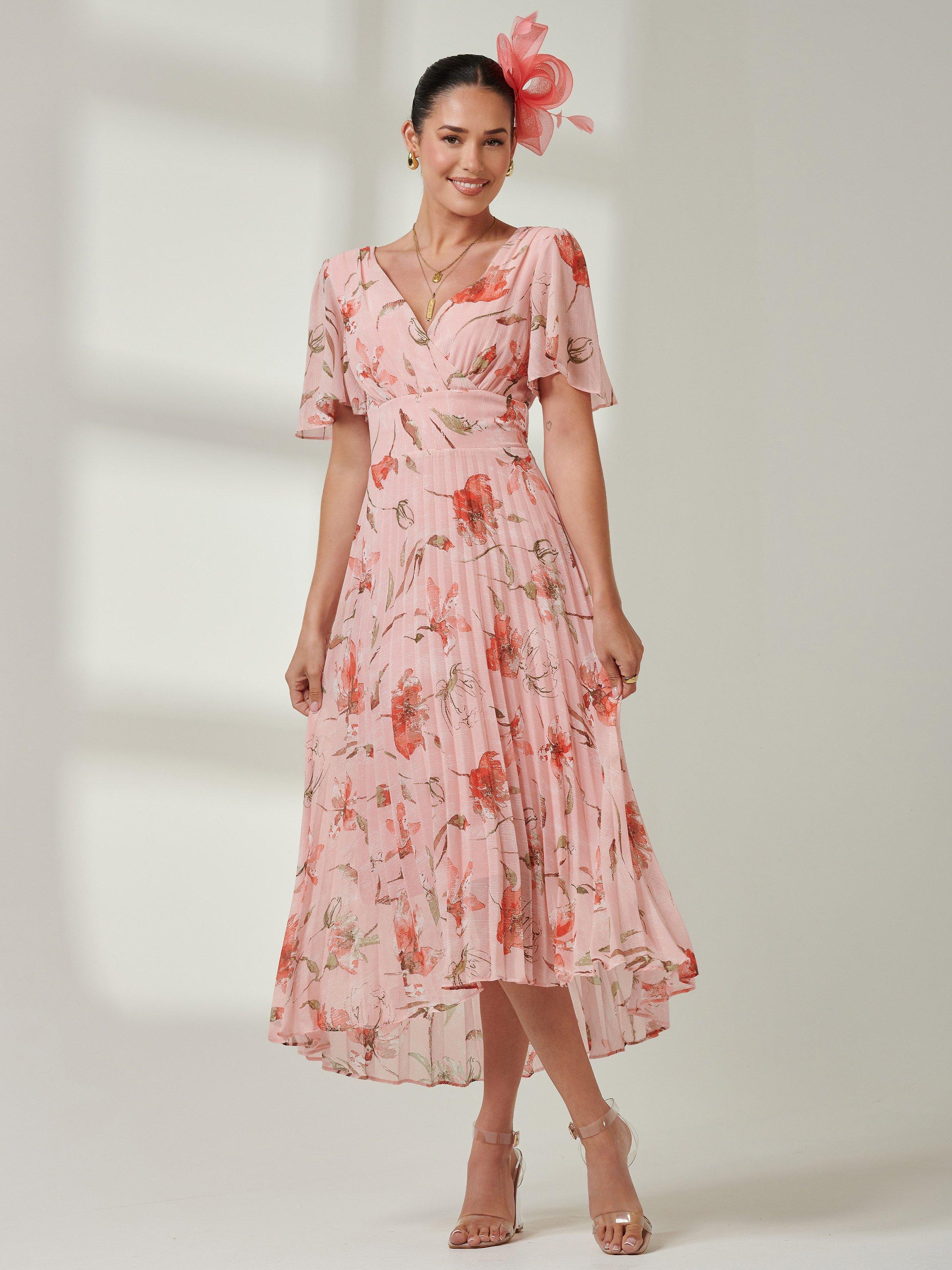 Jolie Moi Floral Pleated Dip Hem Chiffon Maxi Dress, Coral Pink