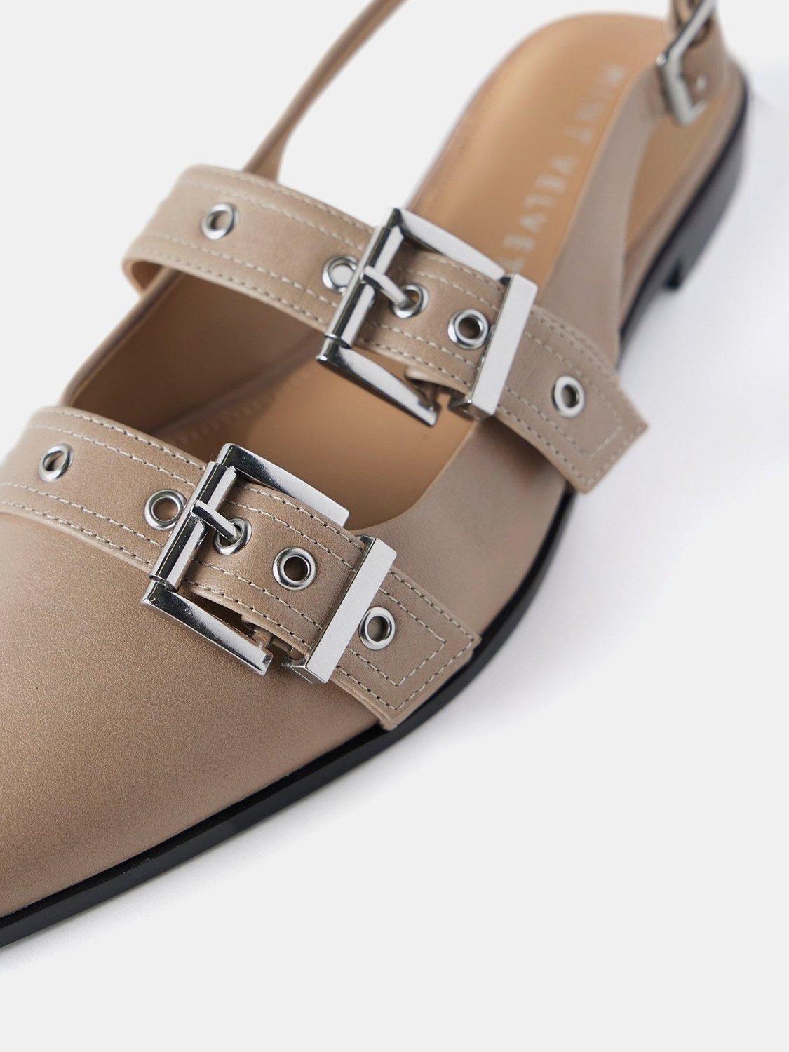 Product image 3 of 4, which shows Mint Velvet Leather Buckled Pointed Pumps, Taupe, 3