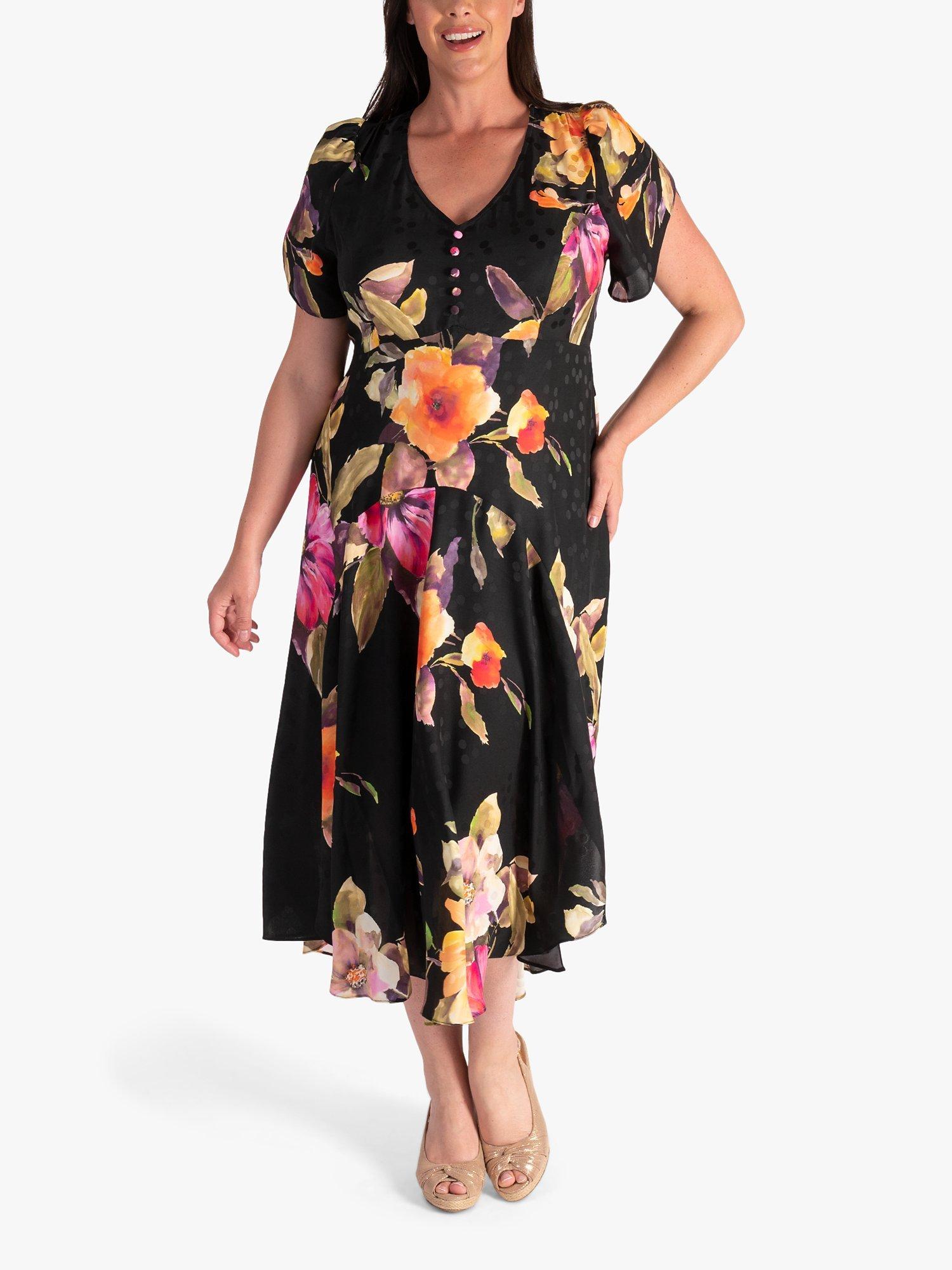 chesca Floral Print Midi Dress, Black/Multi, 12-14