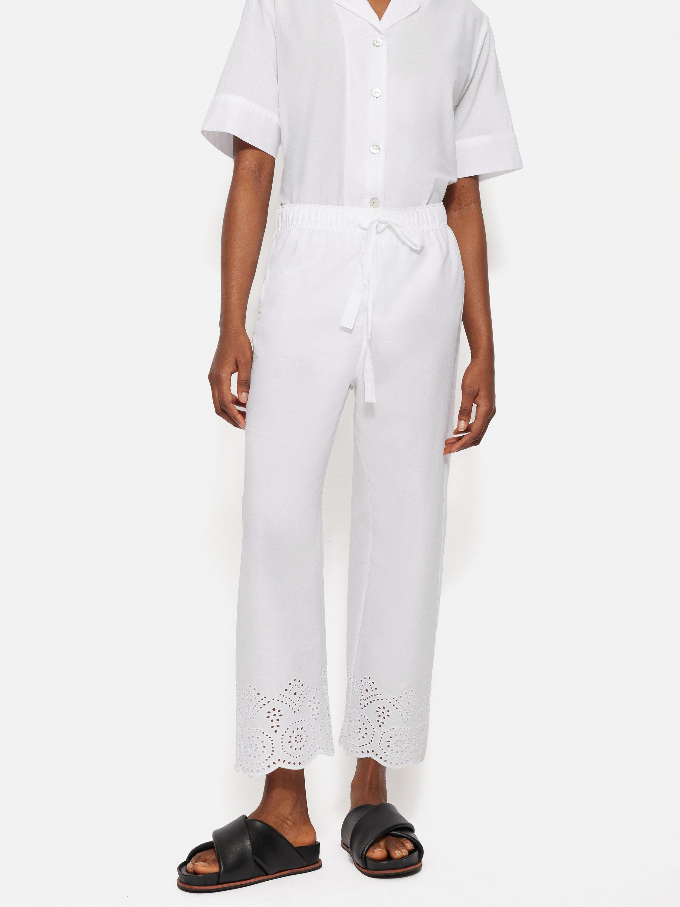 Product image 1 of 5, which shows Jigsaw Broderie Anglaise Trousers, White, XS