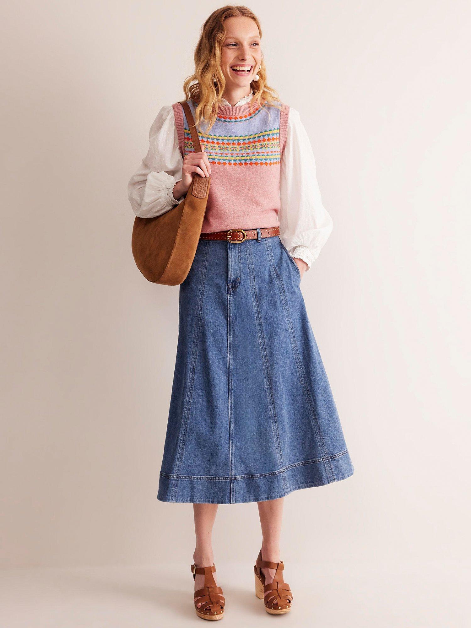Product image 1 of 6, which shows Boden Panelled Denim Midi Skirt, Mid Vintage, 8