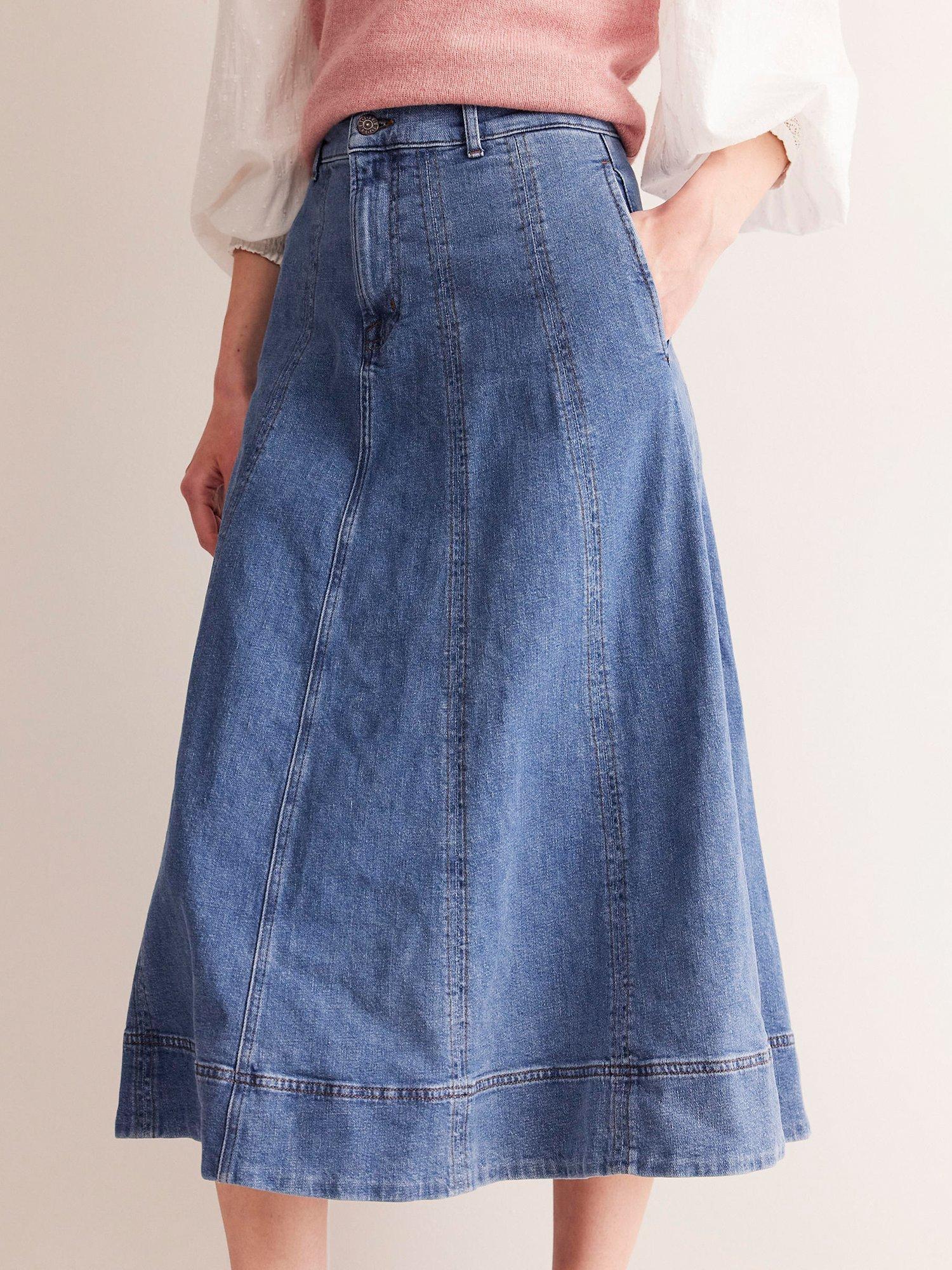 Product image 4 of 6, which shows Boden Panelled Denim Midi Skirt, Mid Vintage, 8