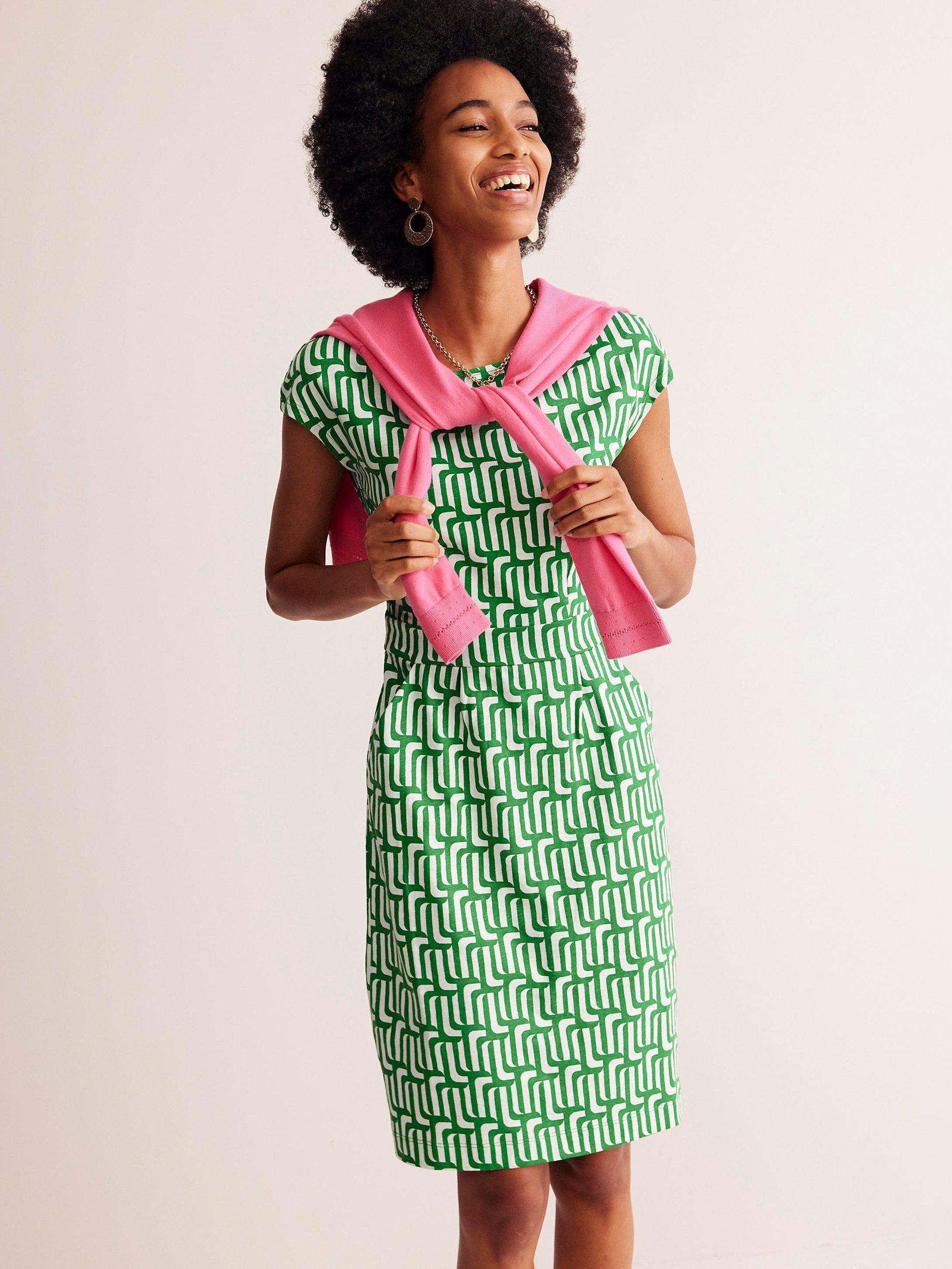 Boden Florrie Geometric Jersey Dress Emerald Falling Geo