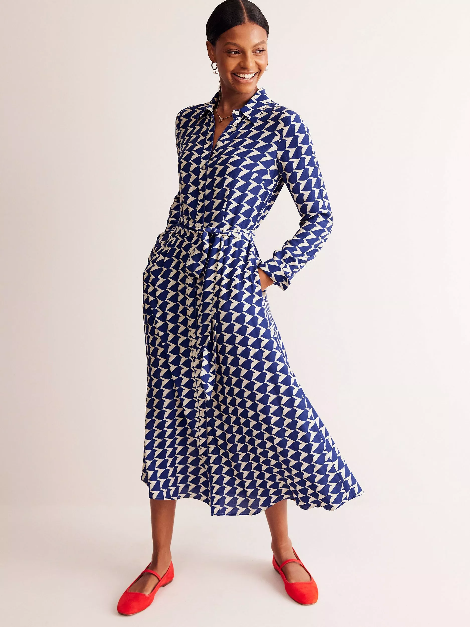 Boden Annabel Dress Geometric Polka Dot V-Neck 3/4 Sleeve Fit outlets & Flare Navy Blue