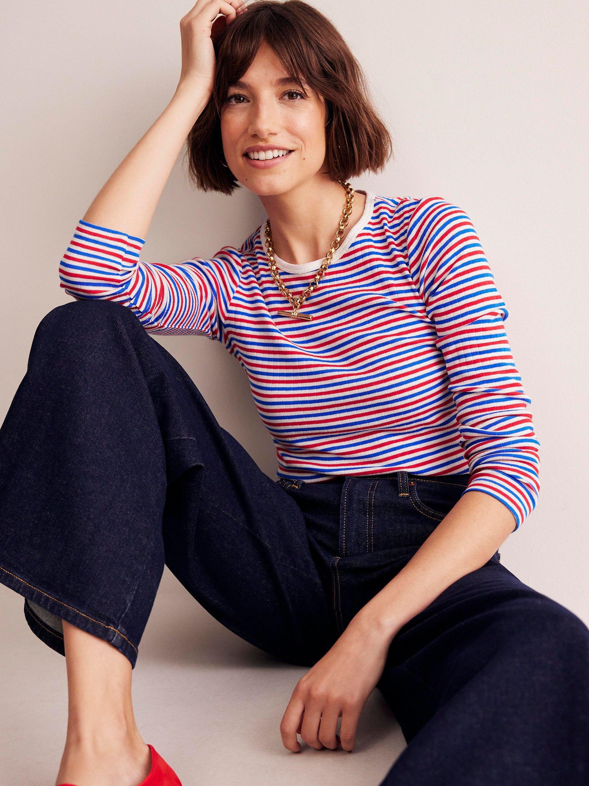 Boden Anna Stripe Long Sleeve Top, White/Red/Directoire Blue