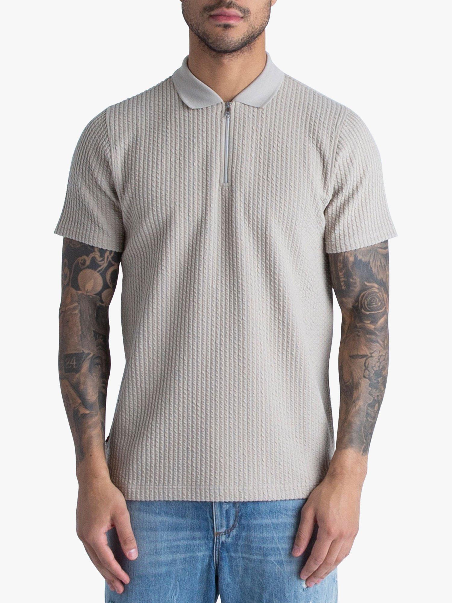 LUKE 1977 Waffle Knit Zip Neck Polo Shirt, Stone