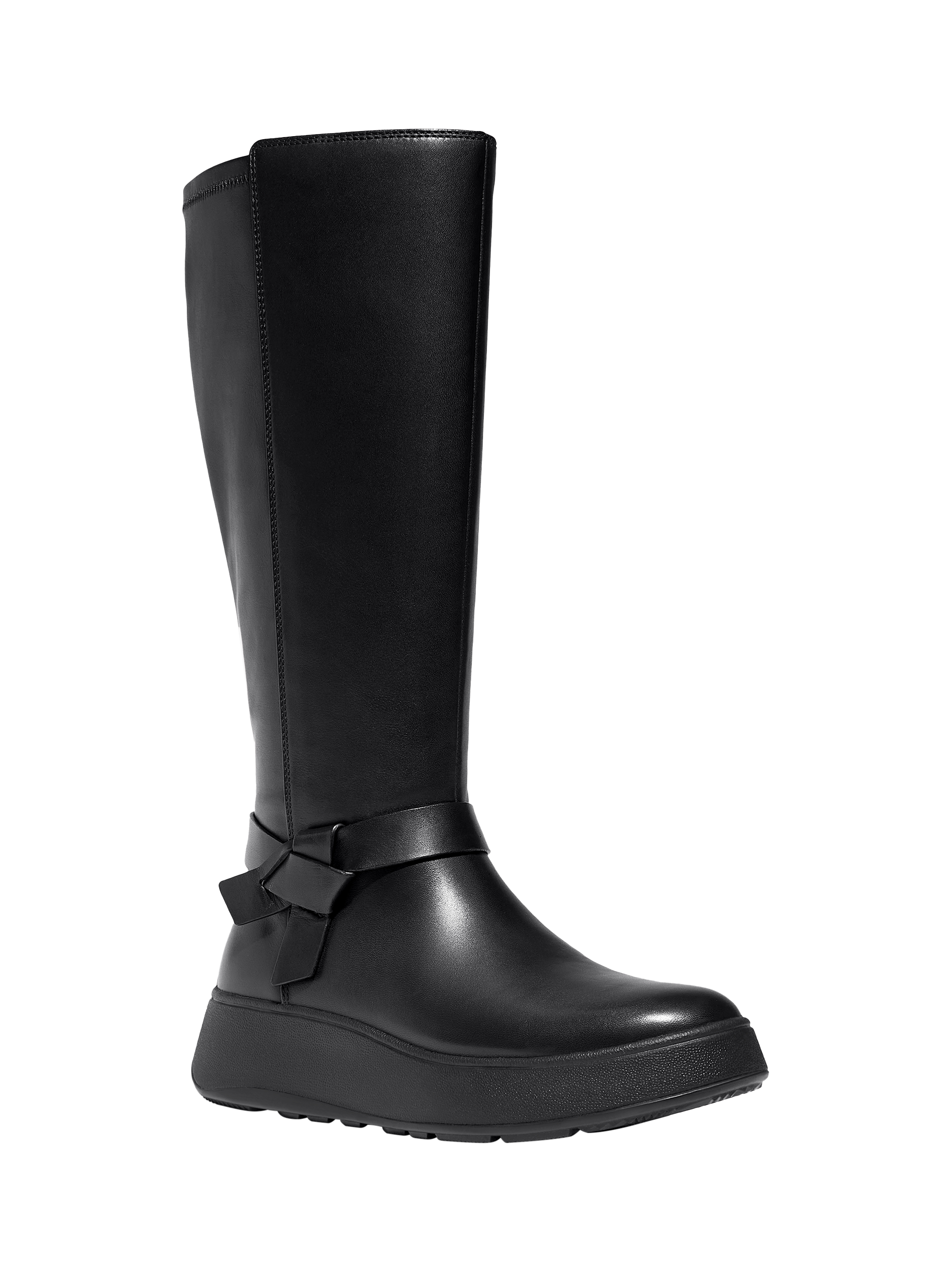 Product image 2 of 4, which shows FitFlop Leather Blend F-Mode Folded-Knot Flatform Tall Stretch Boots, Black, 4