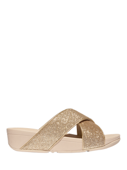 FitFlop Lulu Crinkled Shimmer Cross Sliders, Gold
