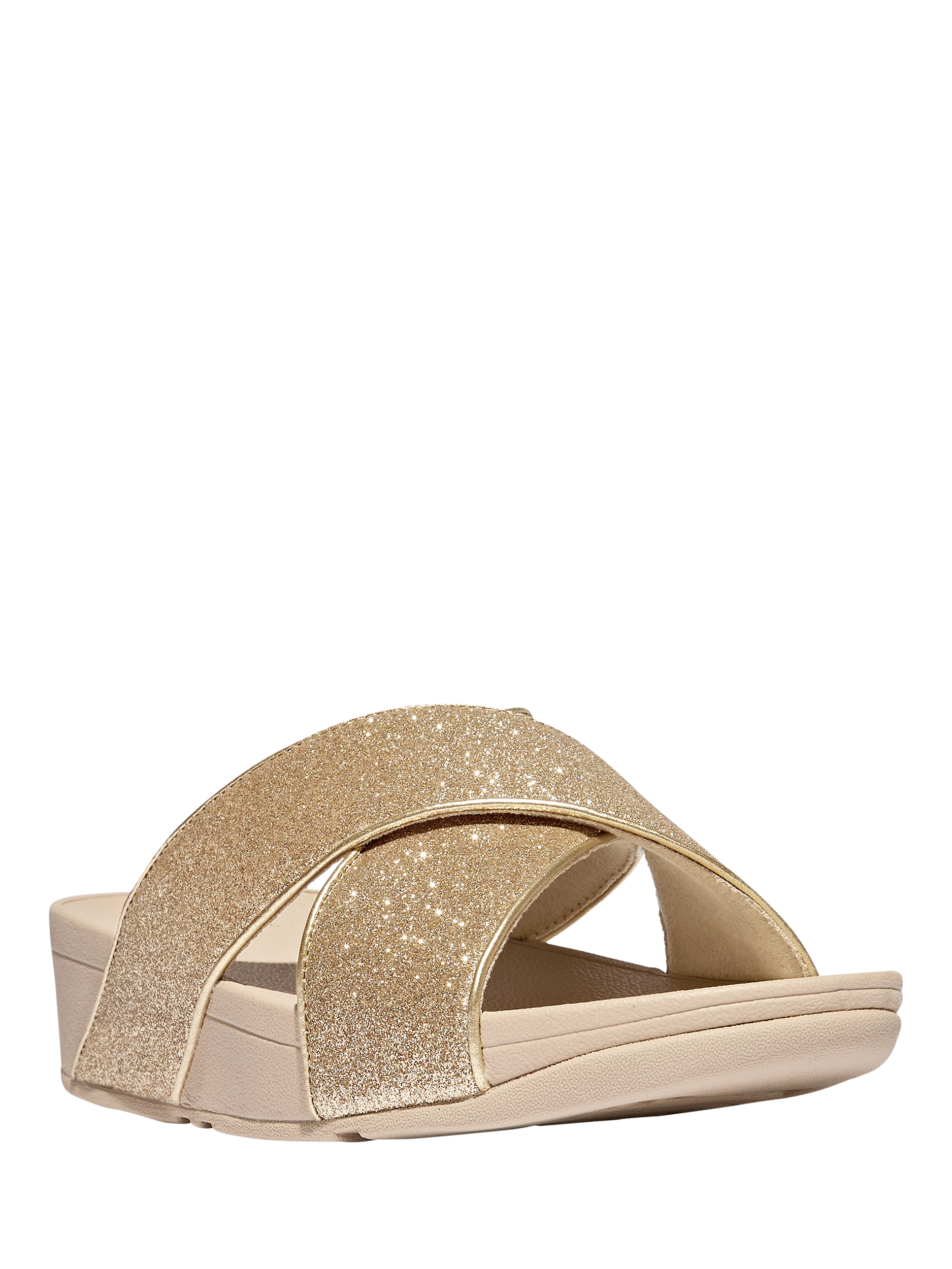 Product image 2 of 4, which shows FitFlop Glitter Cross Flatform Sliders, Platinum, 3