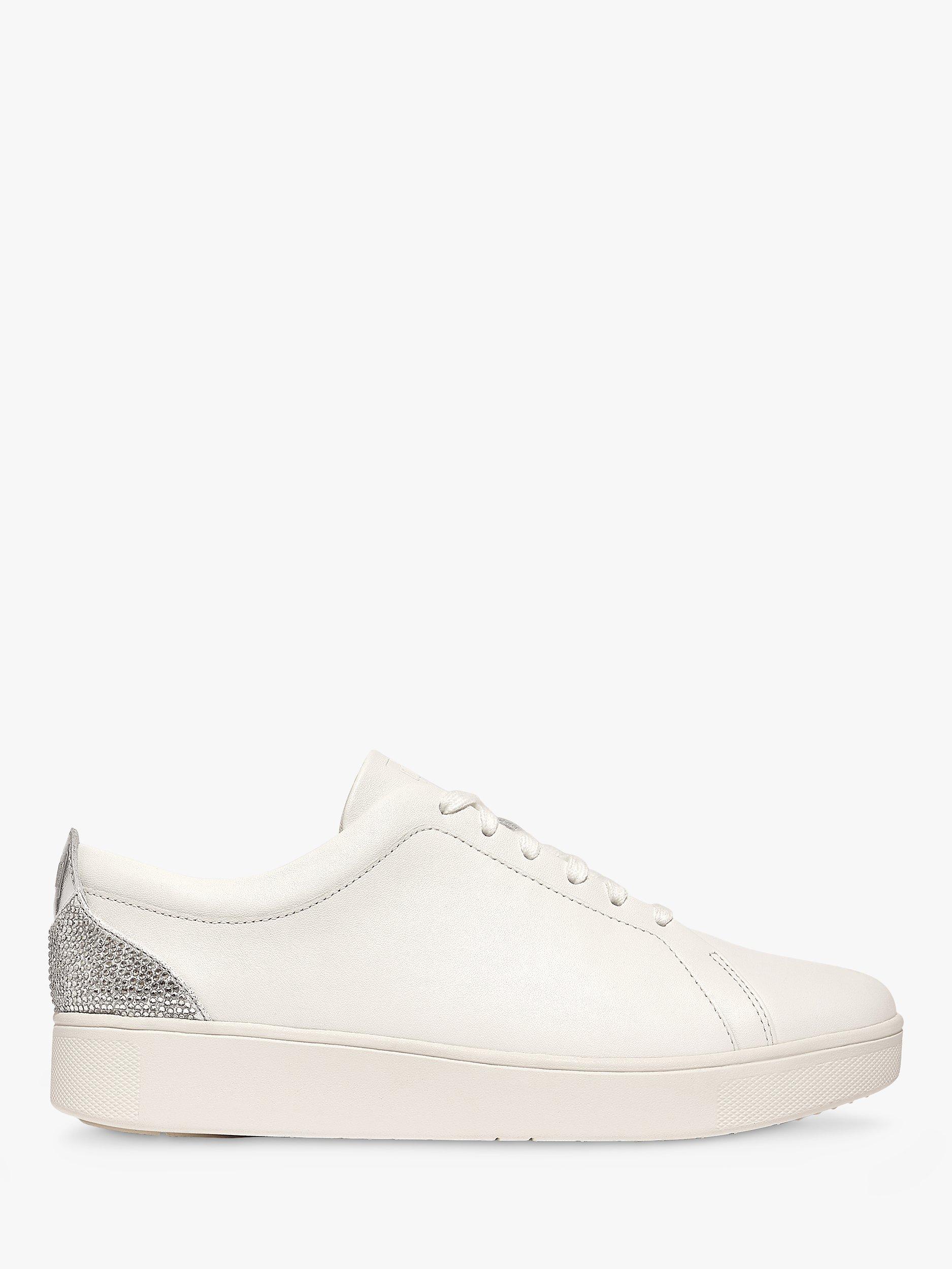 Product image 1 of 4, which shows FitFlop Rally Leather Crystal Detail Trainers, Urban White/Silver, 3