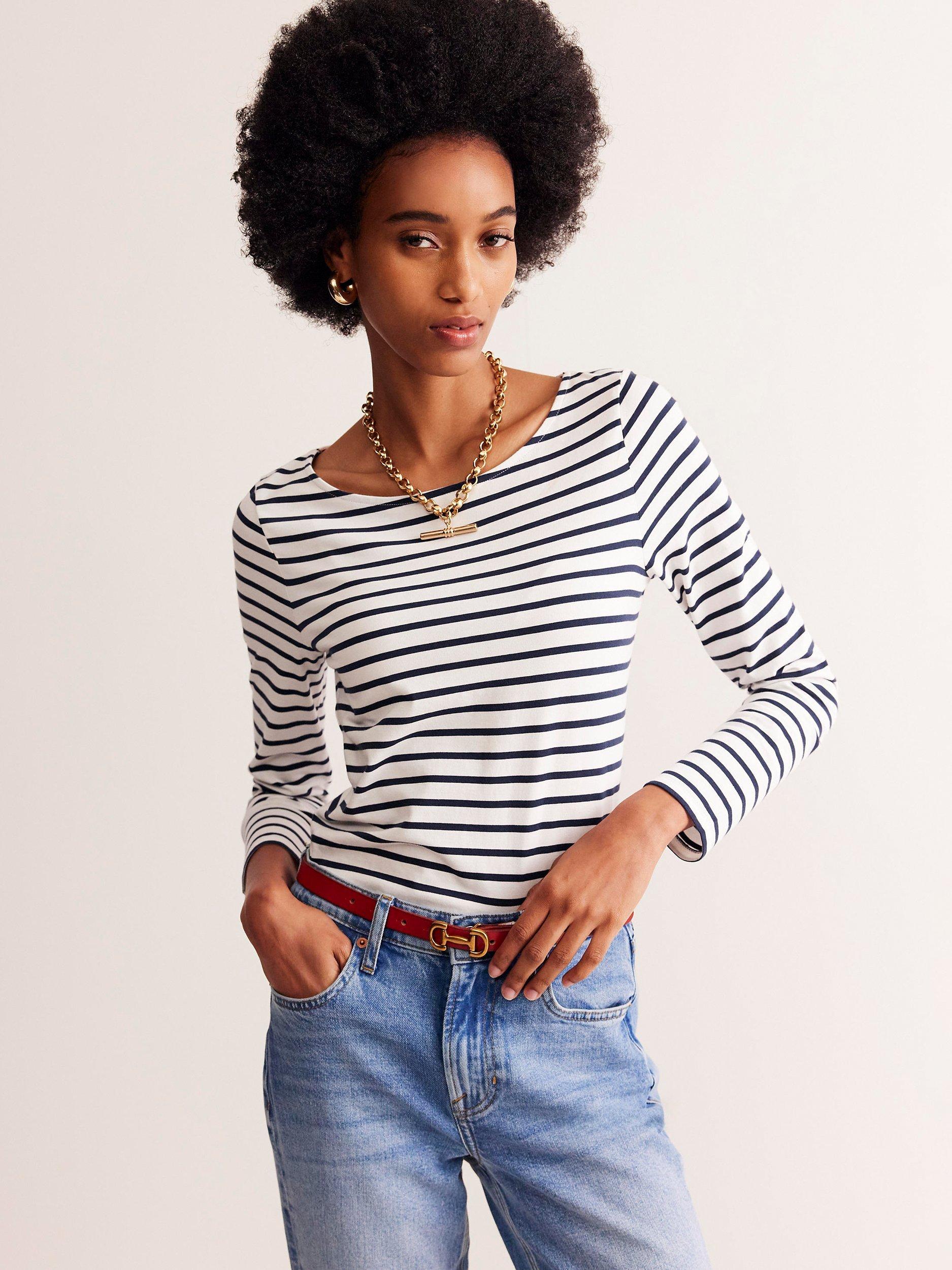 Product image 1 of 5, which shows Boden Ella Breton Stripe Long Sleeve Top, Ivory/Navy, 8