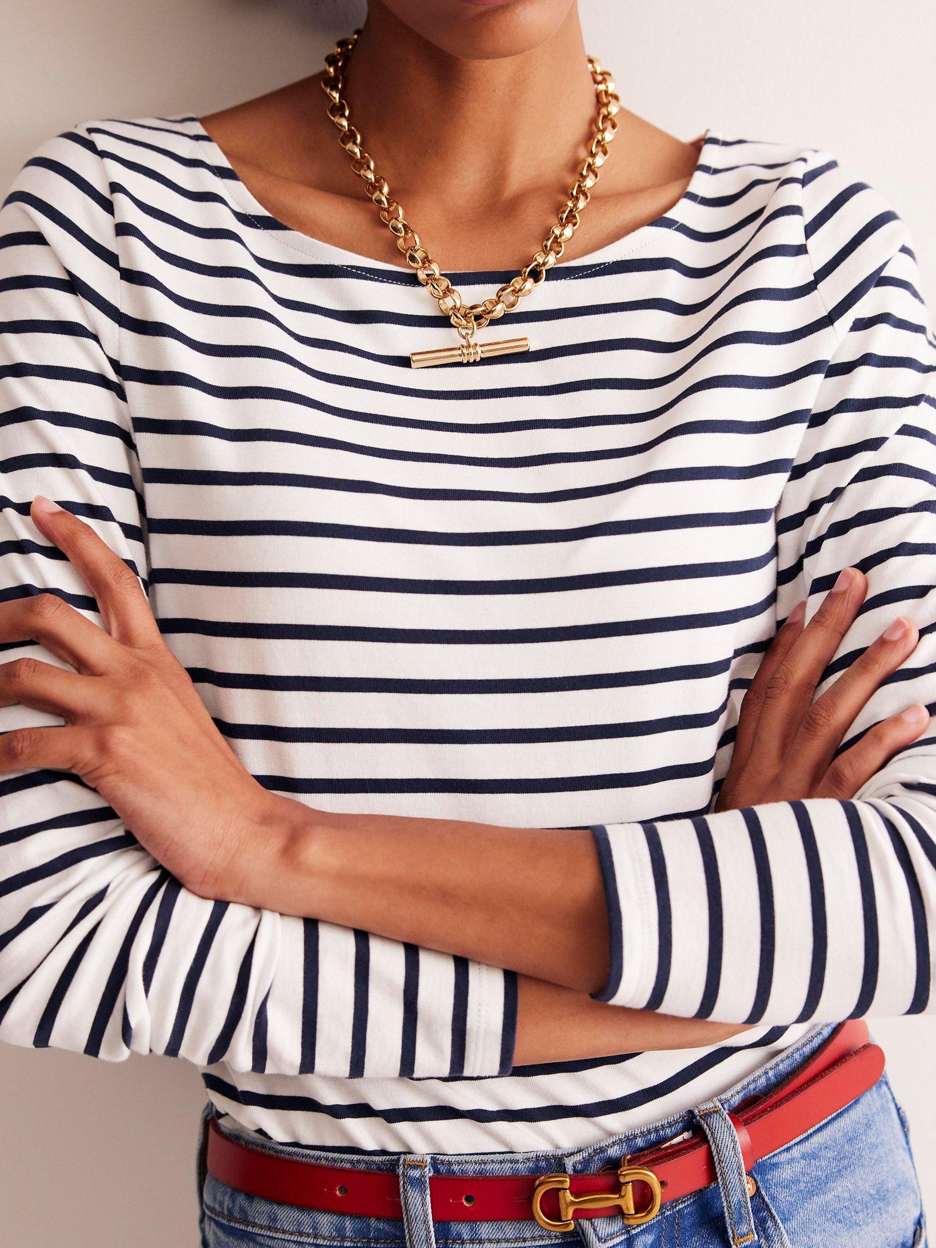 Product image 2 of 5, which shows Boden Ella Breton Stripe Long Sleeve Top, Ivory/Navy, 8