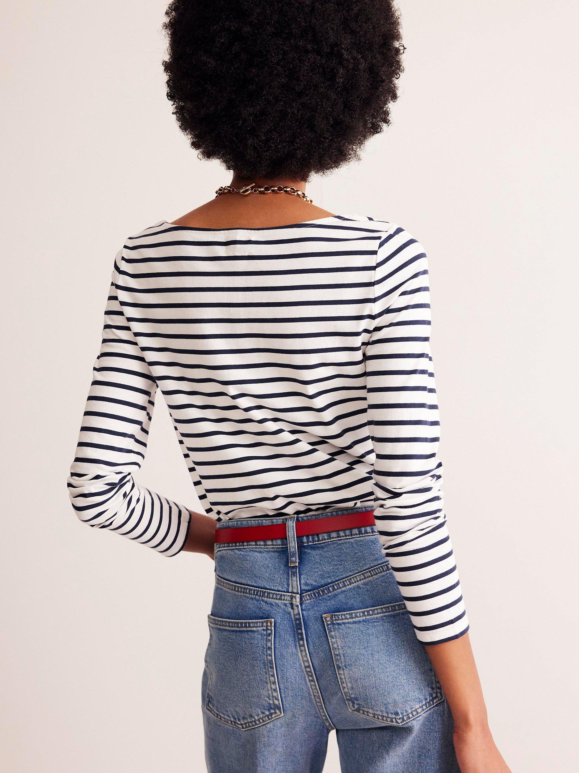 Product image 3 of 5, which shows Boden Ella Breton Stripe Long Sleeve Top, Ivory/Navy, 8