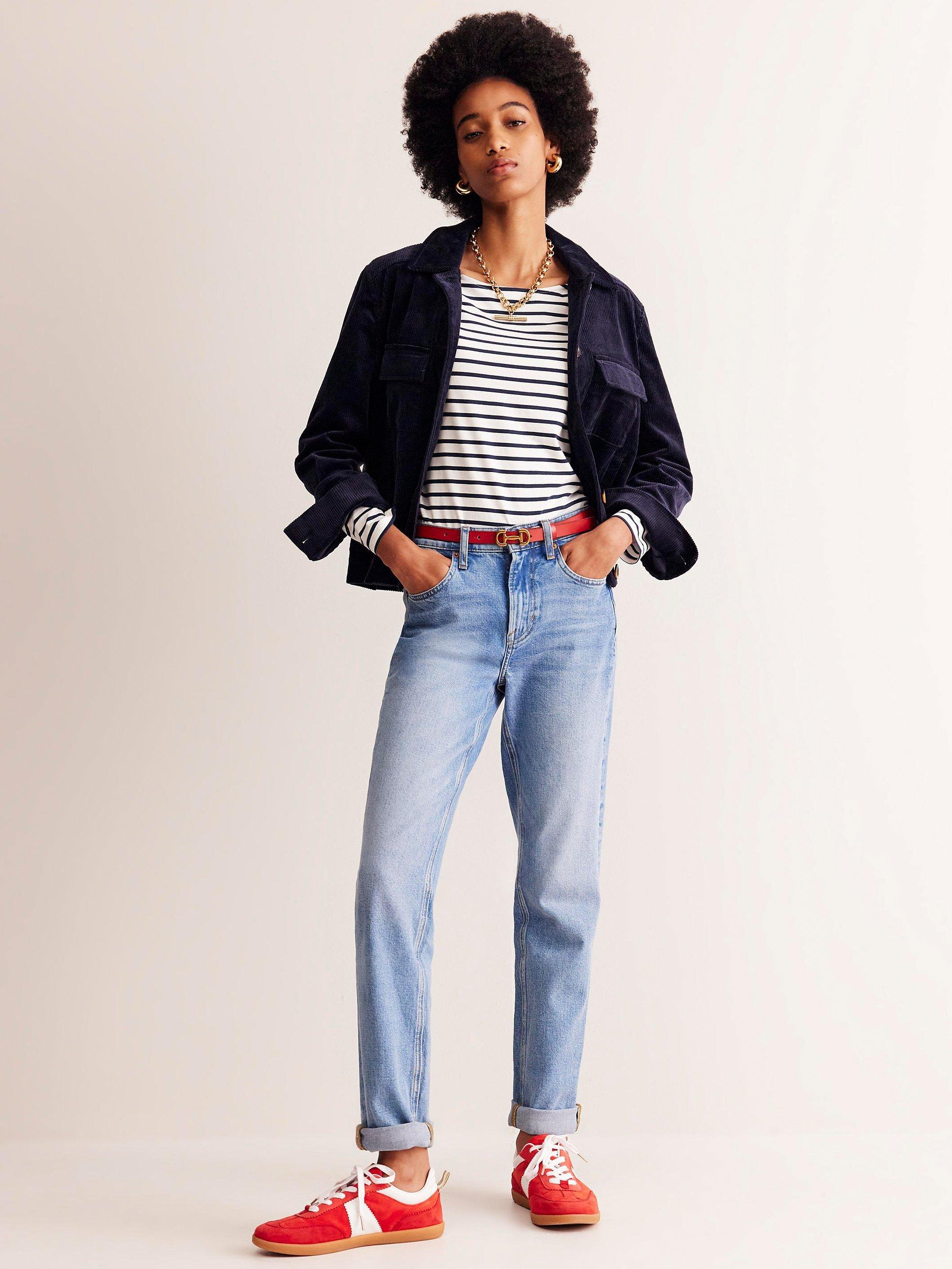 Product image 4 of 5, which shows Boden Ella Breton Stripe Long Sleeve Top, Ivory/Navy, 8