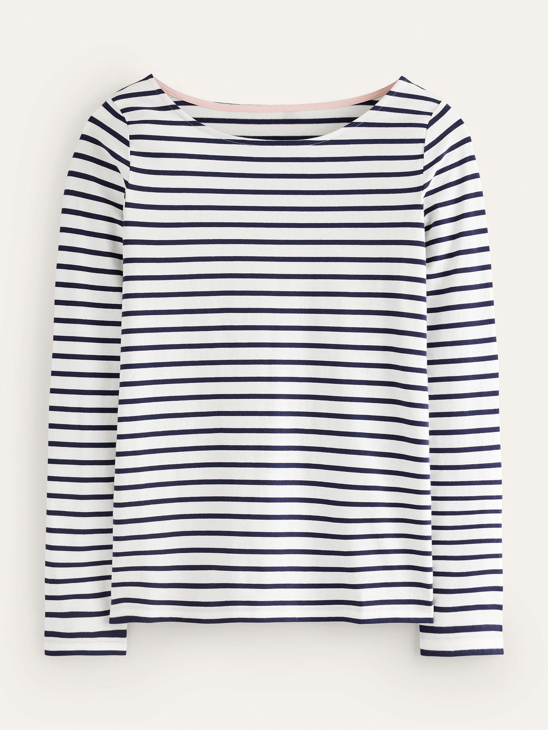 Product image 5 of 5, which shows Boden Ella Breton Stripe Long Sleeve Top, Ivory/Navy, 8