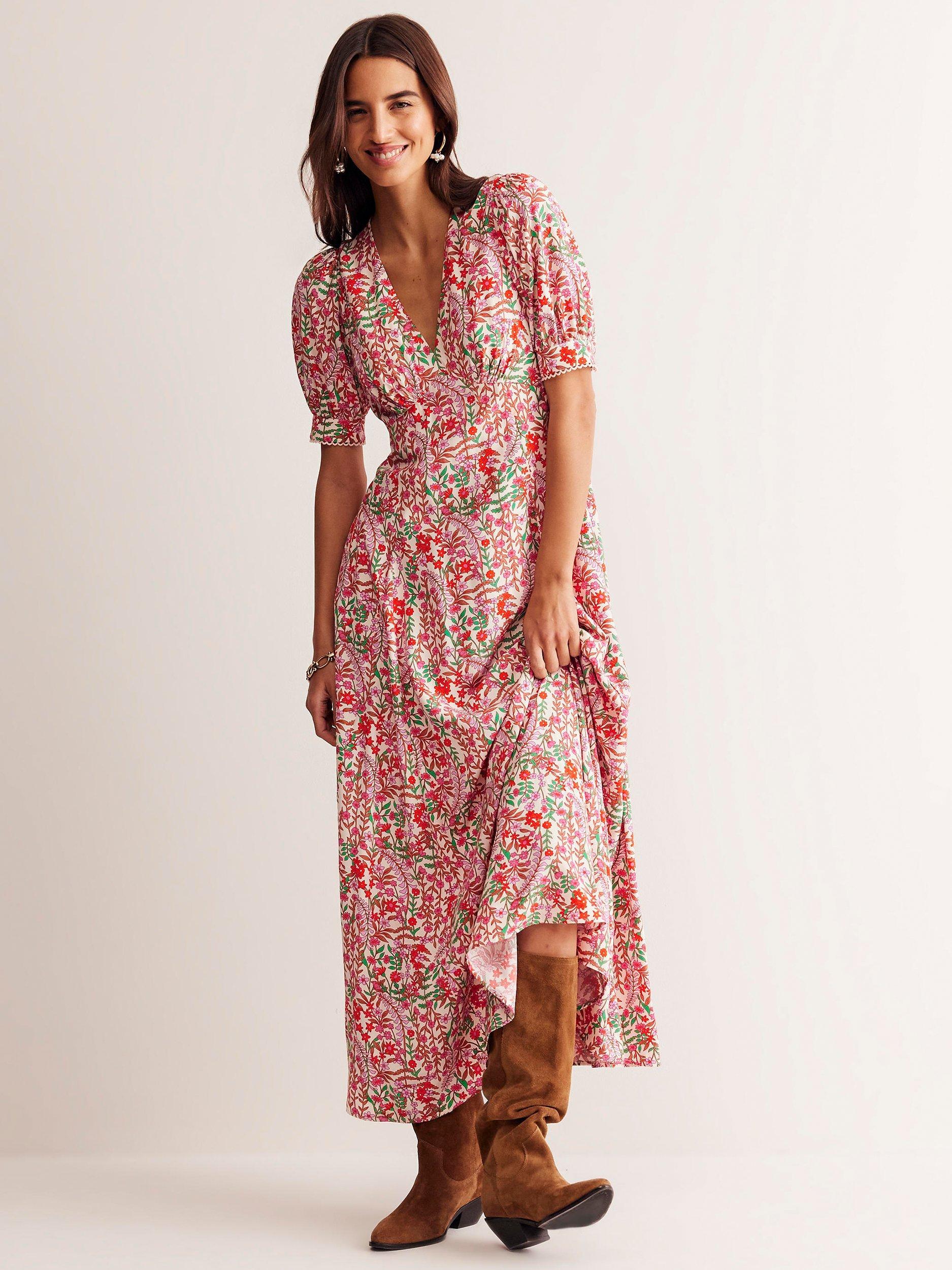Boden Floral Godet Tea Dress, Cream/Multi