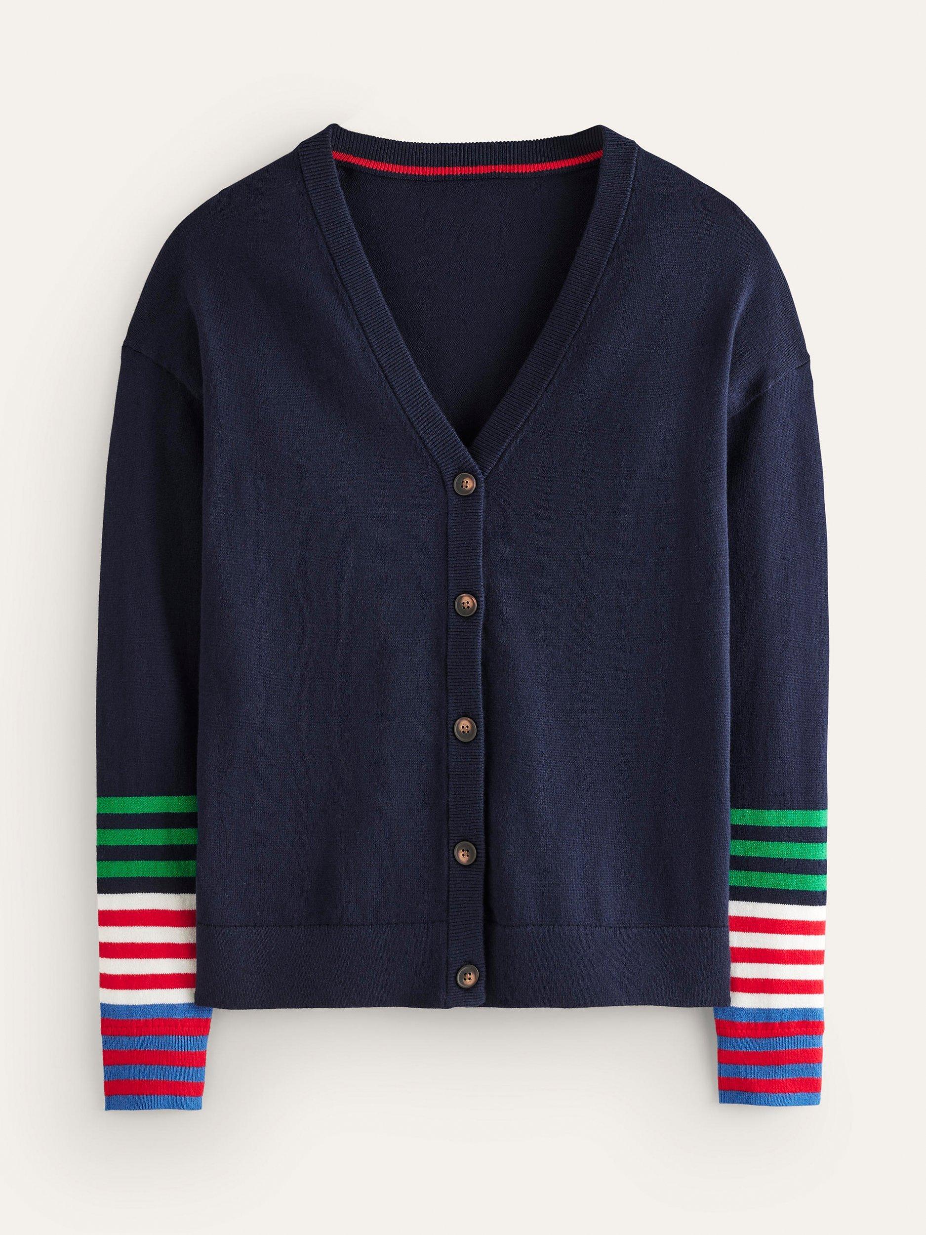 Boden Annie Stripe Cuff Wool Blend Cardigan Navy