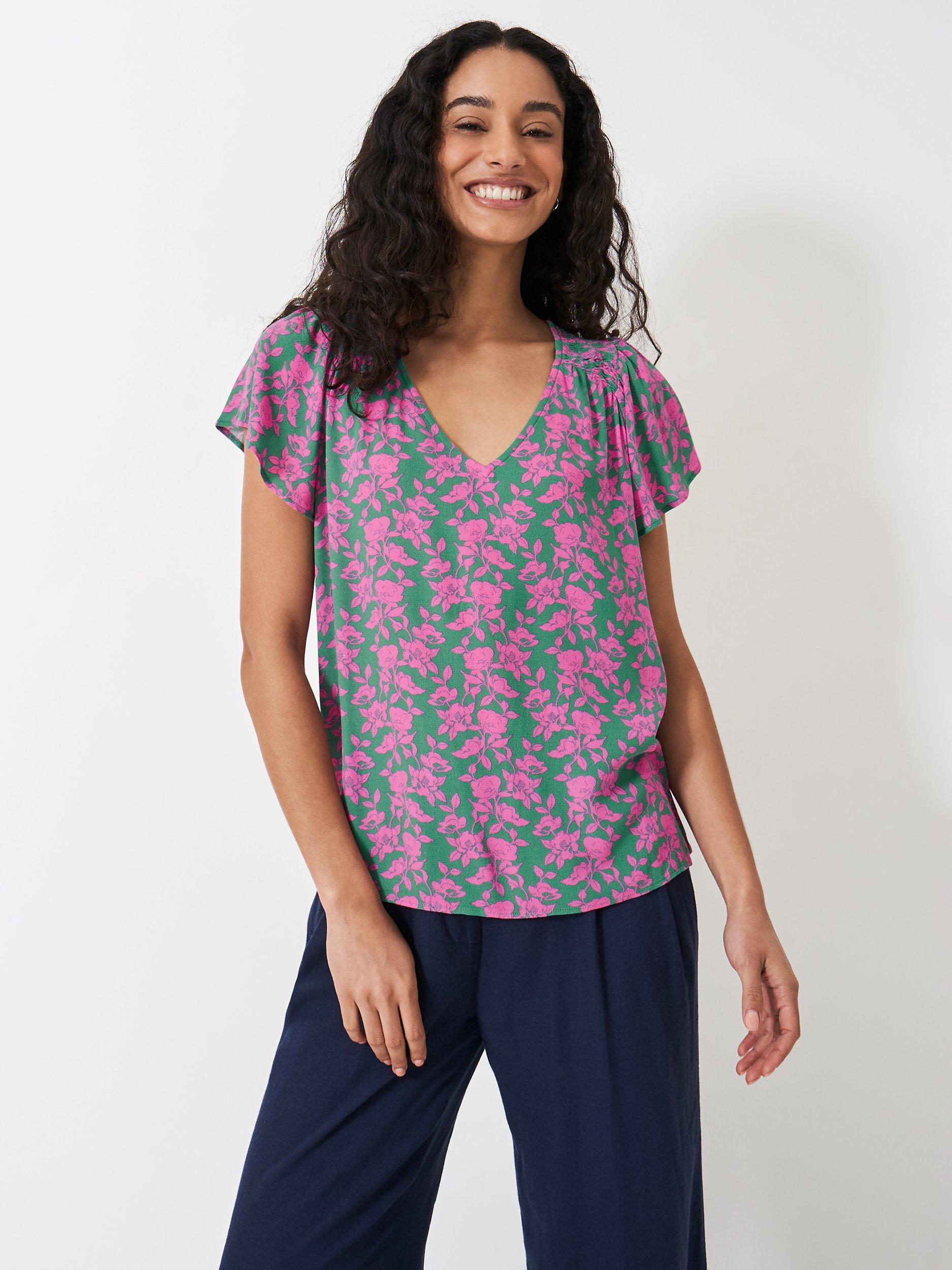Product image 1 of 5, which shows Crew Clothing Tia Floral Frill Top, Green/Pink, 8