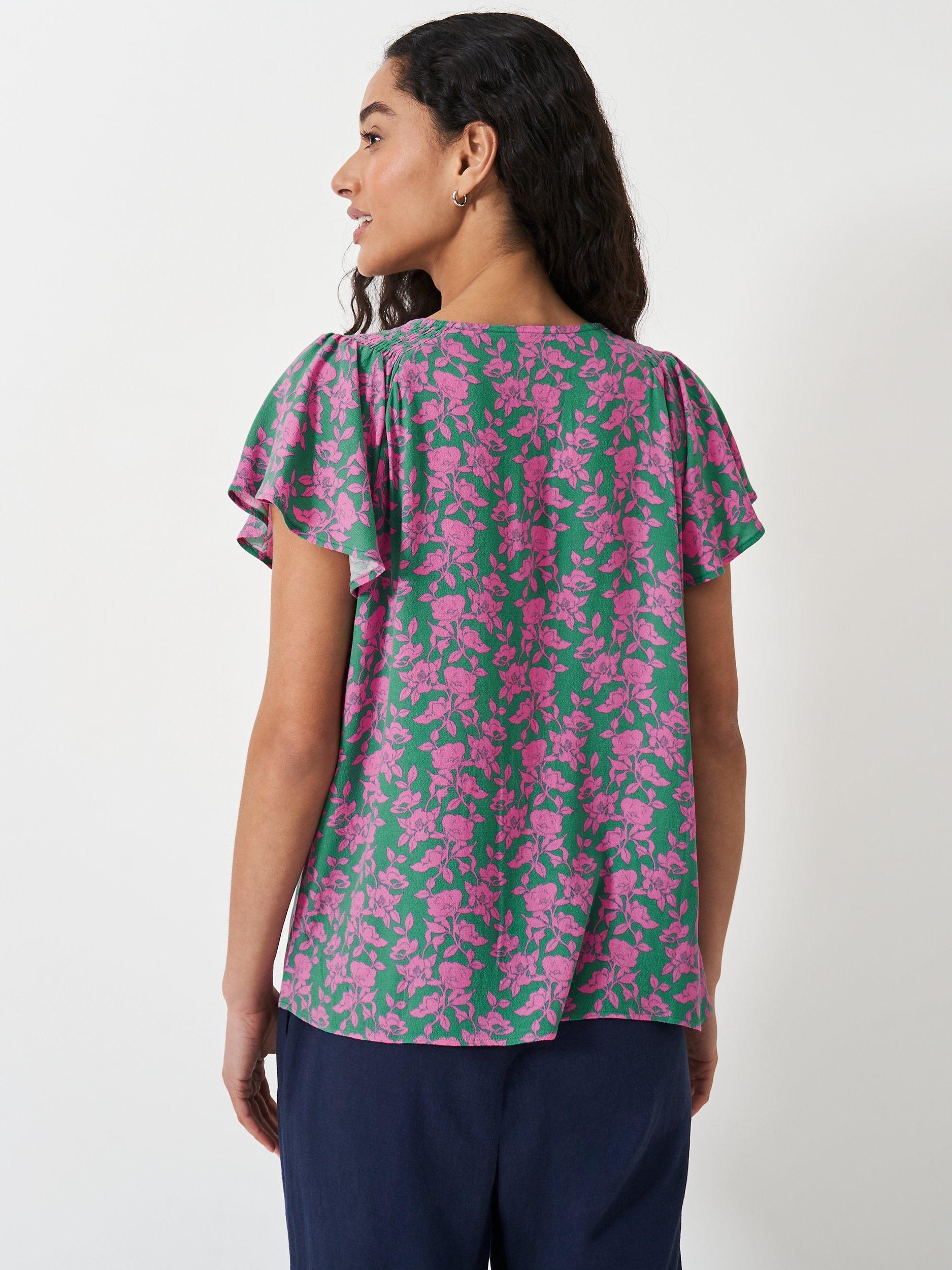 Product image 3 of 5, which shows Crew Clothing Tia Floral Frill Top, Green/Pink, 8