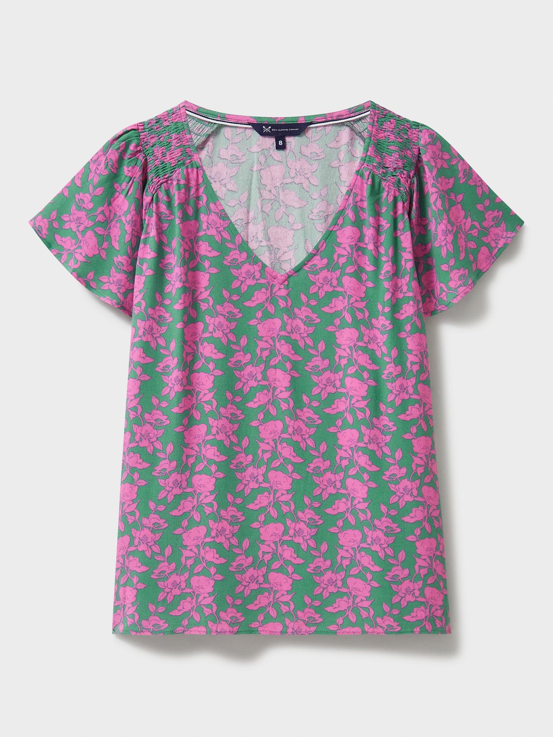 Product image 5 of 5, which shows Crew Clothing Tia Floral Frill Top, Green/Pink, 8