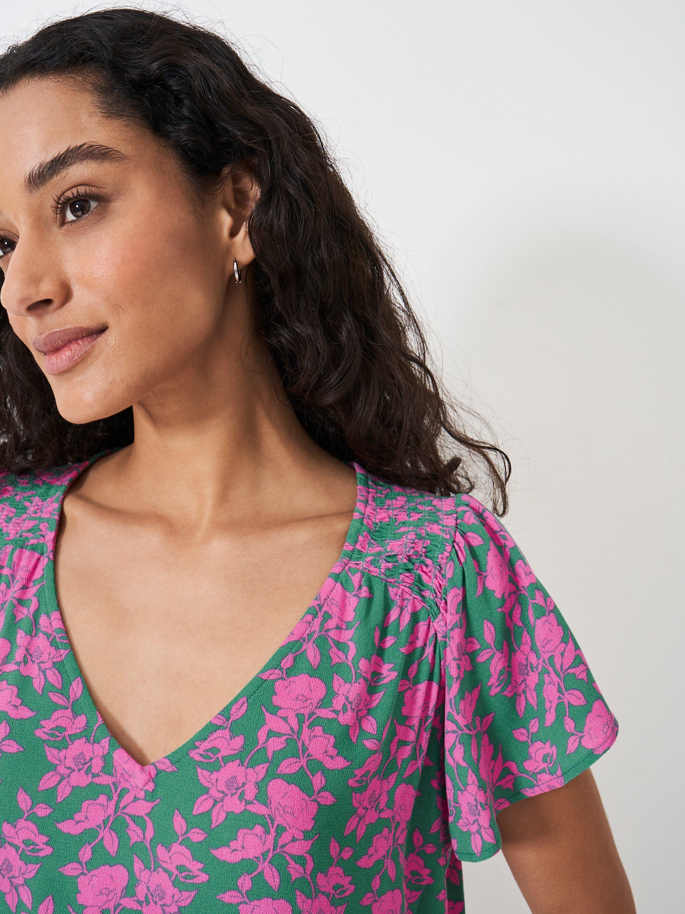 Product image 4 of 5, which shows Crew Clothing Tia Floral Frill Top, Green/Pink, 8