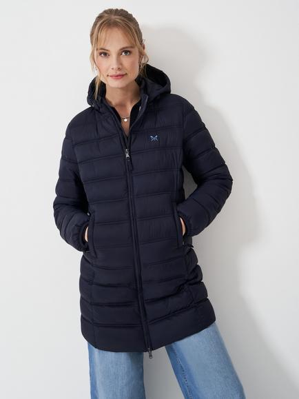 Crew Clothing Lightweight Longline Padded Coat, Navy Blue, Navy Blue