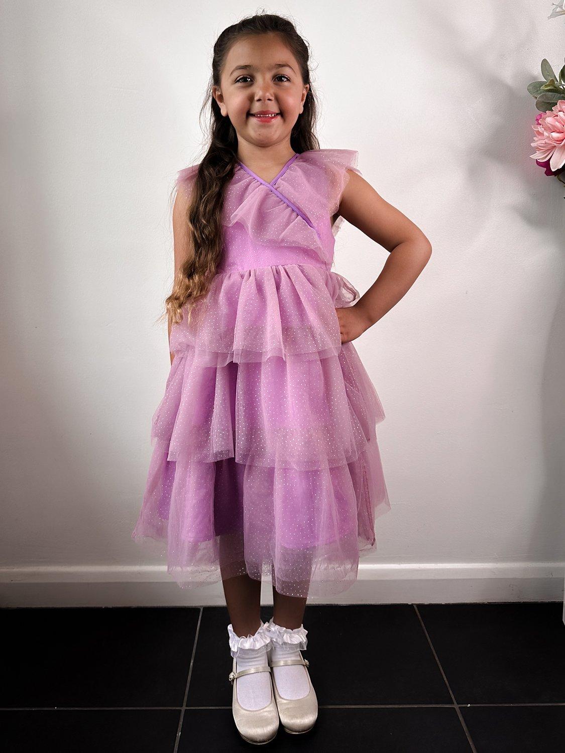 Product image 3 of 4, which shows Chi Chi London Kids' Tiered Ruffle Dress, Purple, 4-5 years