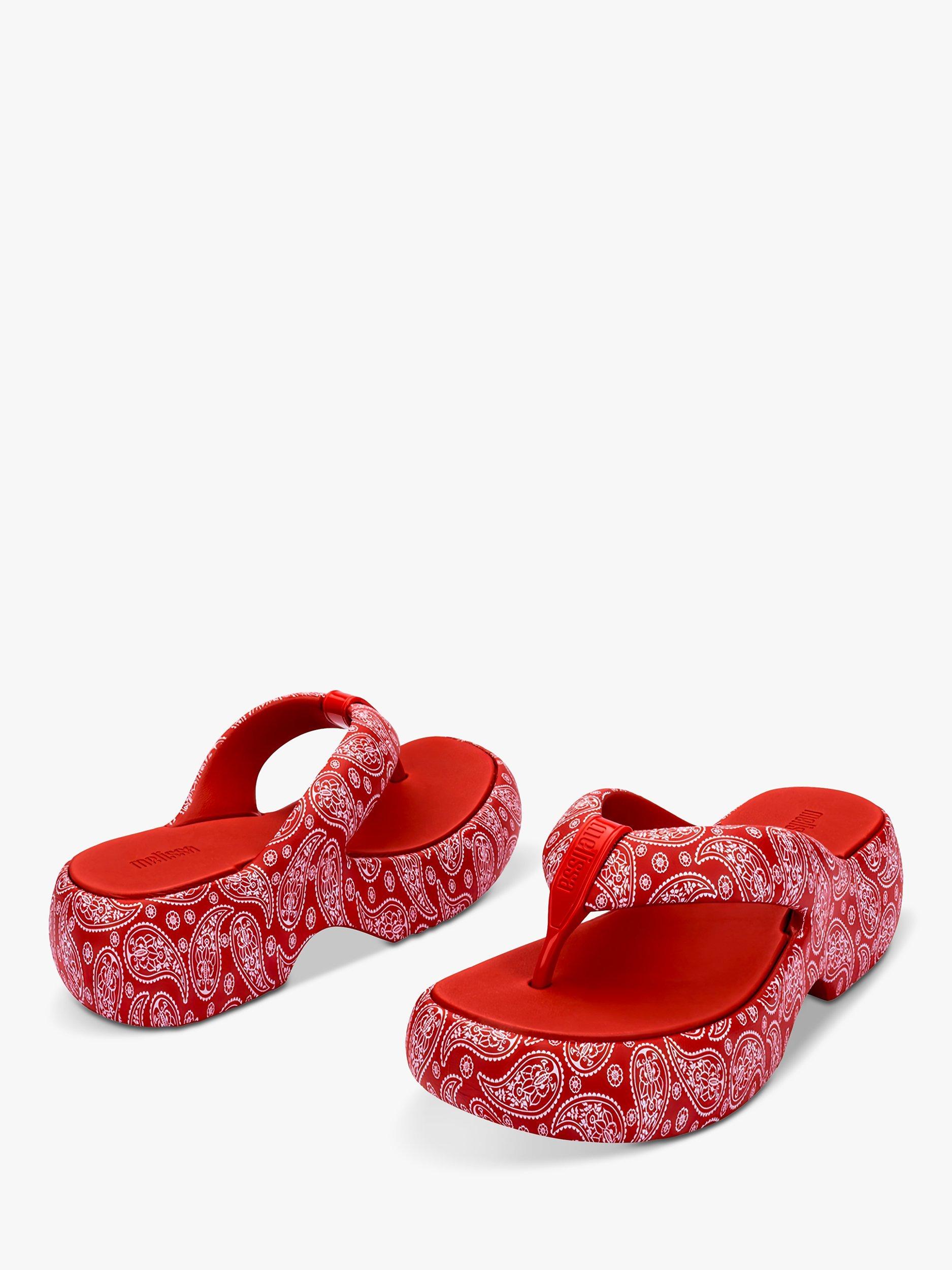 Product image 2 of 4, which shows Melissa Free Fuzzy Paisley Print Platform Sandals, Red/White, 3