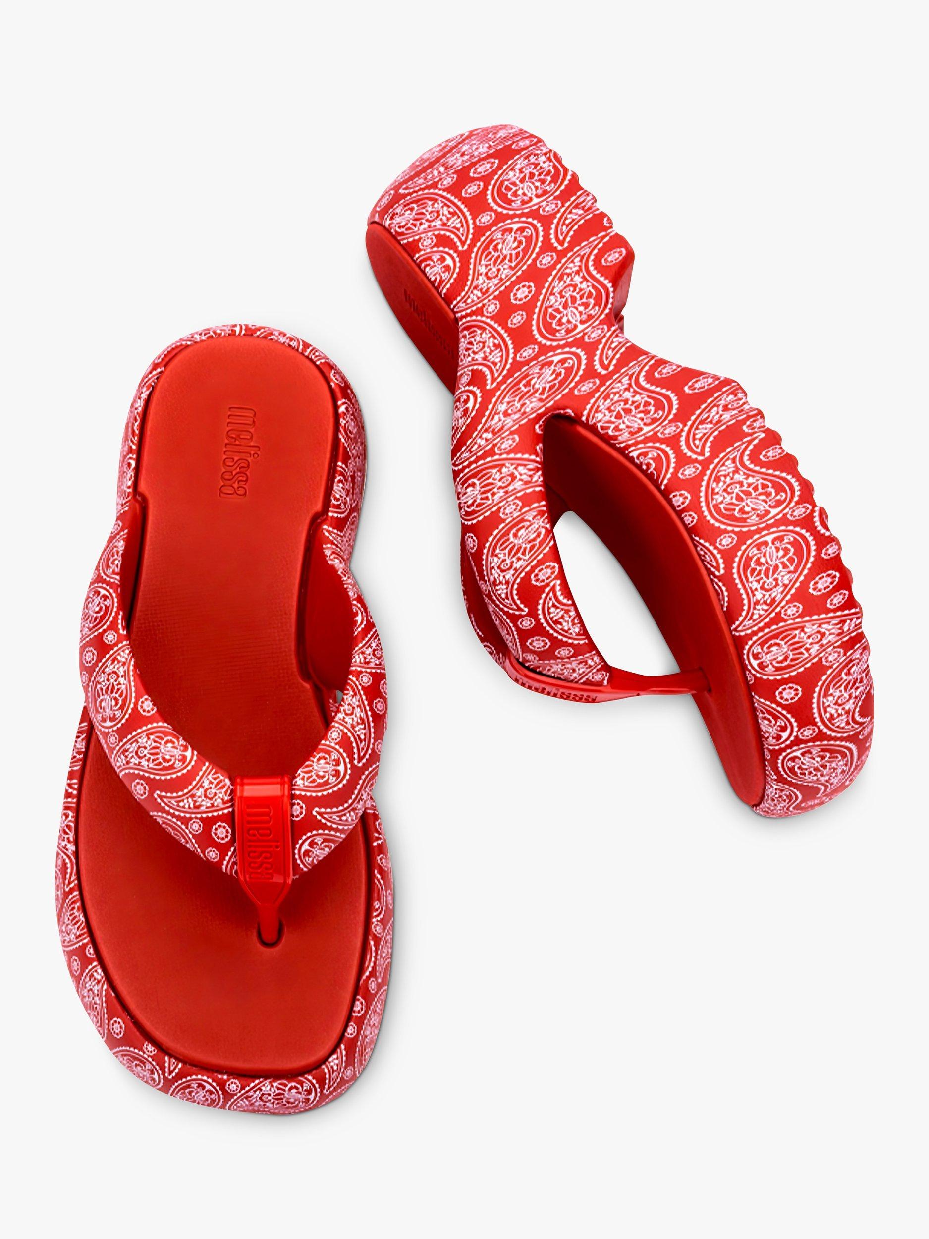 Product image 3 of 4, which shows Melissa Free Fuzzy Paisley Print Platform Sandals, Red/White, 3