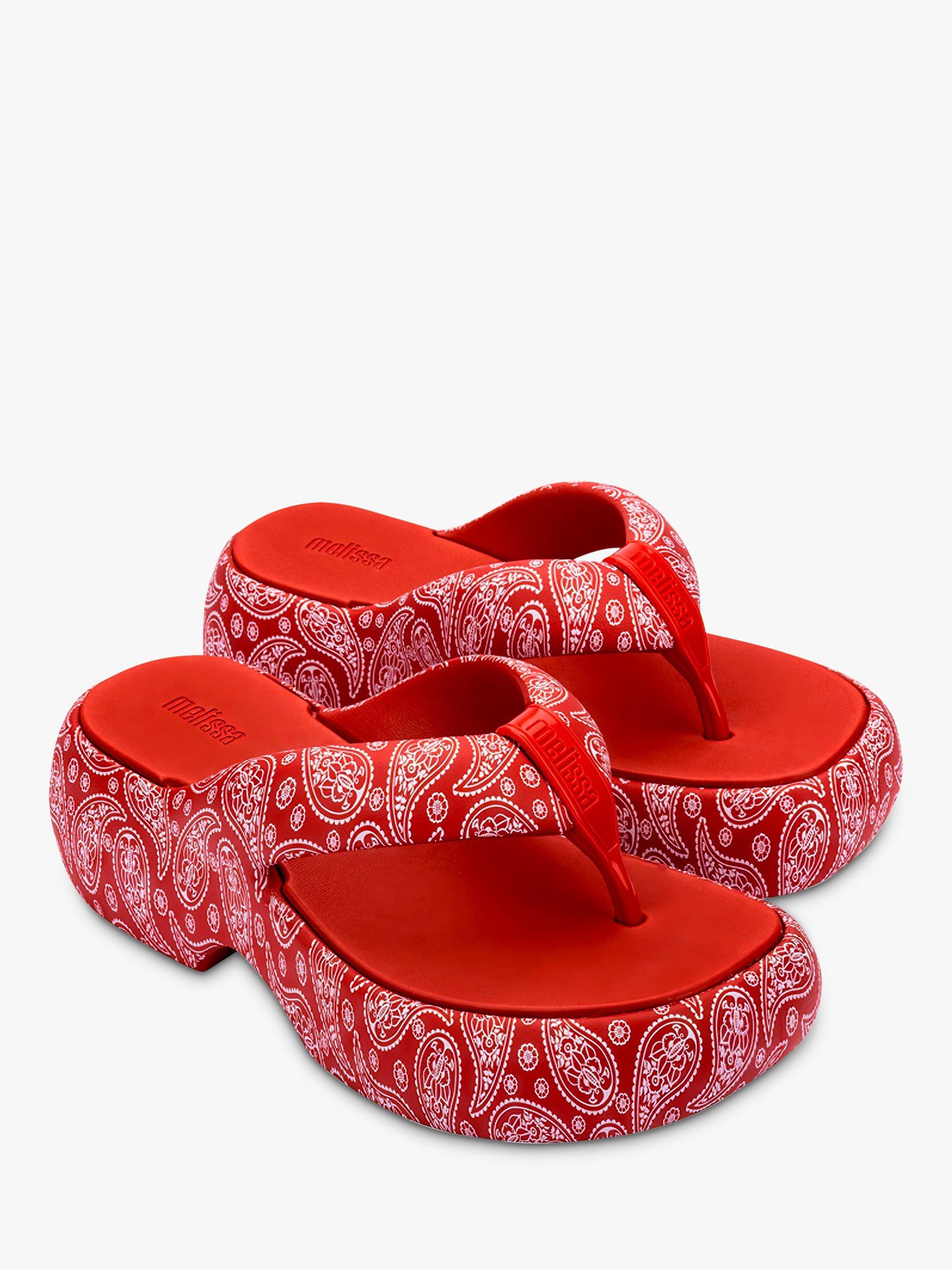 Product image 4 of 4, which shows Melissa Free Fuzzy Paisley Print Platform Sandals, Red/White, 3