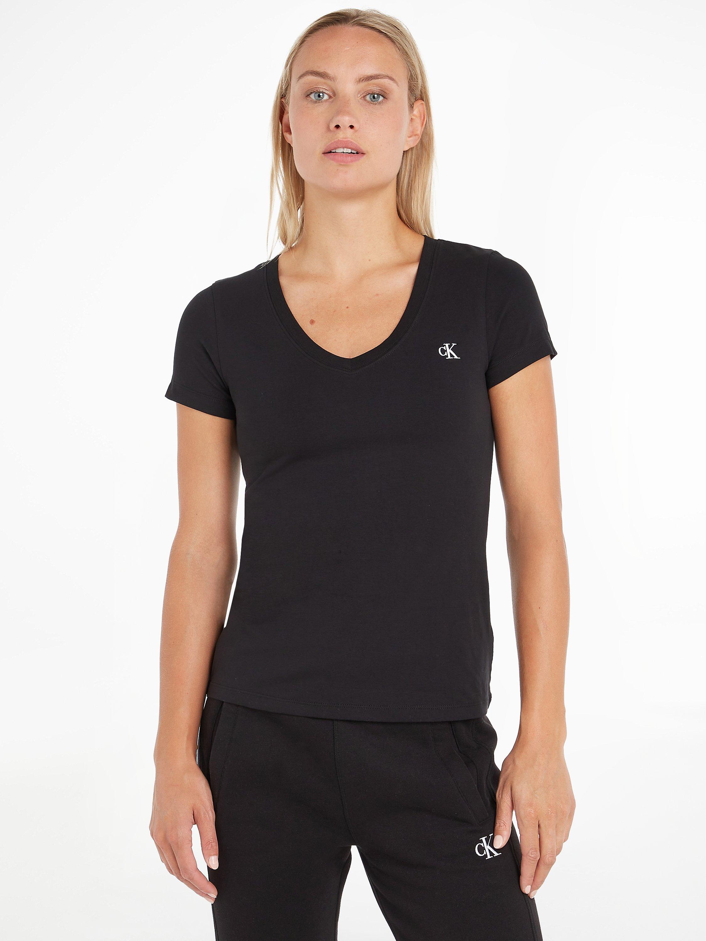 Product image 1 of 5, which shows Calvin Klein CK Logo V-Neck T-Shirt, Black, XS