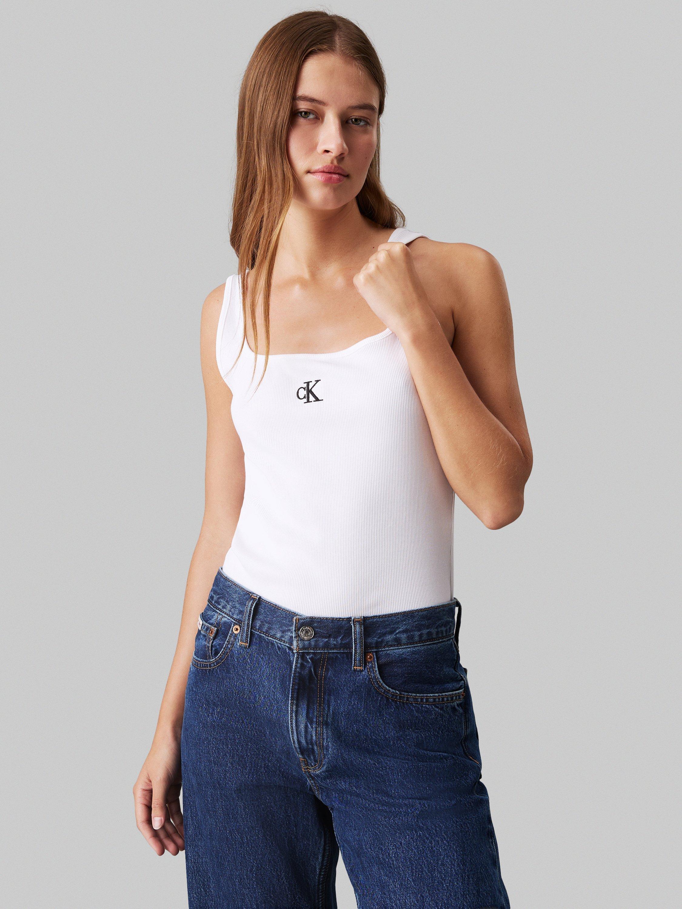 Product image 1 of 3, which shows Calvin Klein Jeans Logo Rib Tank Top, White, XS
