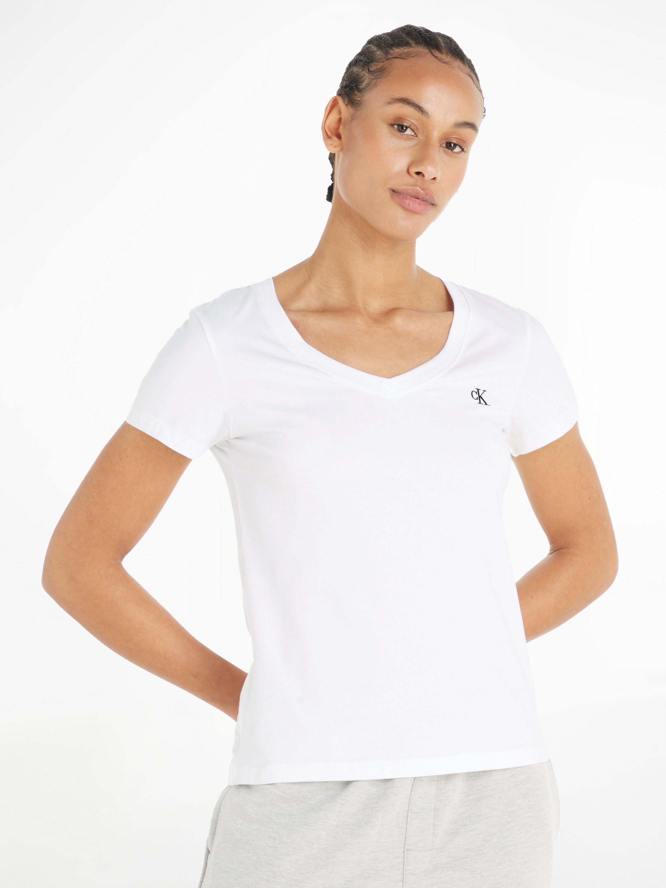 Product image 1 of 5, which shows Calvin Klein CK Logo V-Neck T-Shirt, White, XS