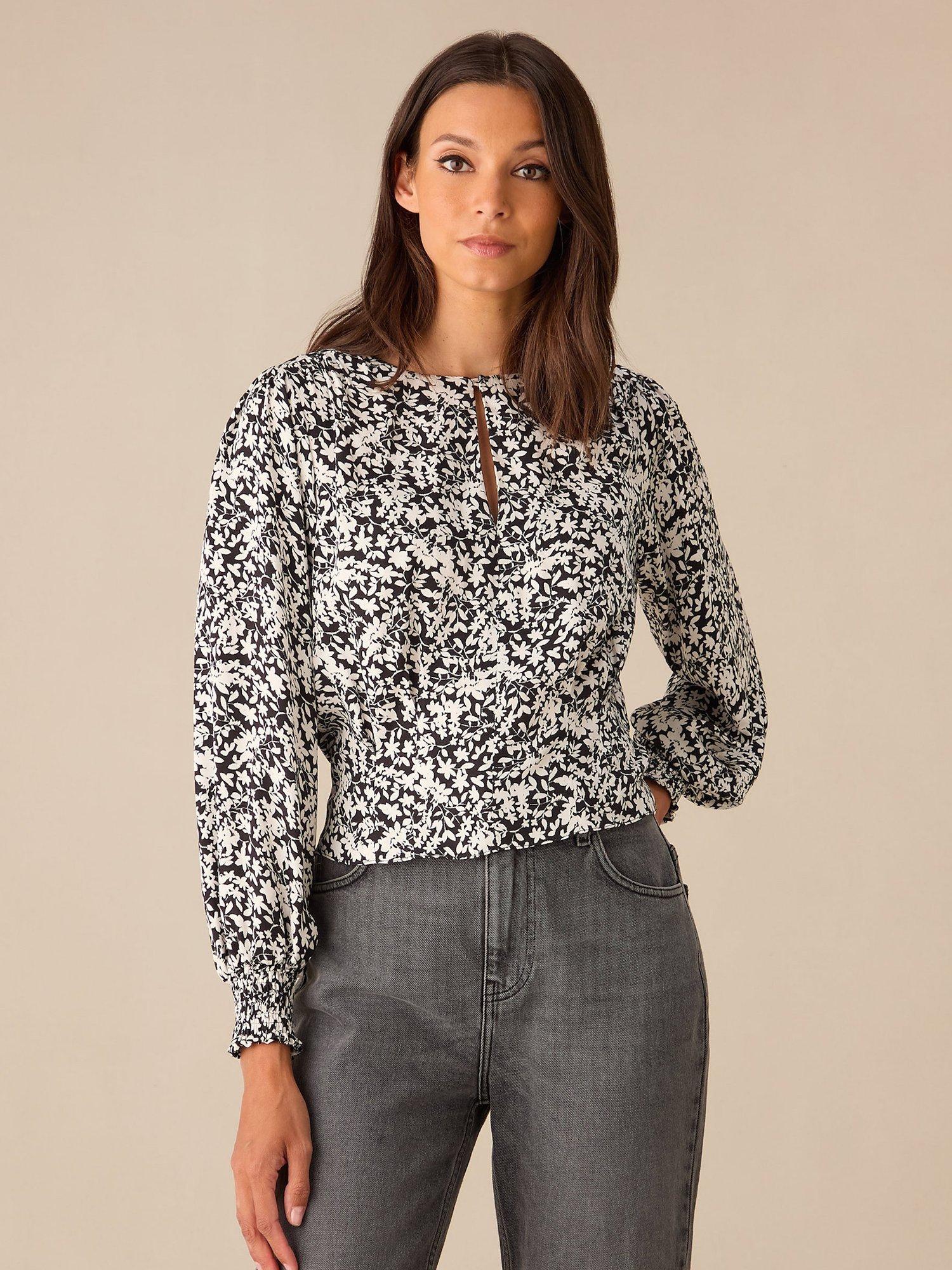 Product image 1 of 5, which shows Ro&Zo Monochrome Floral Top, Black/White, 14