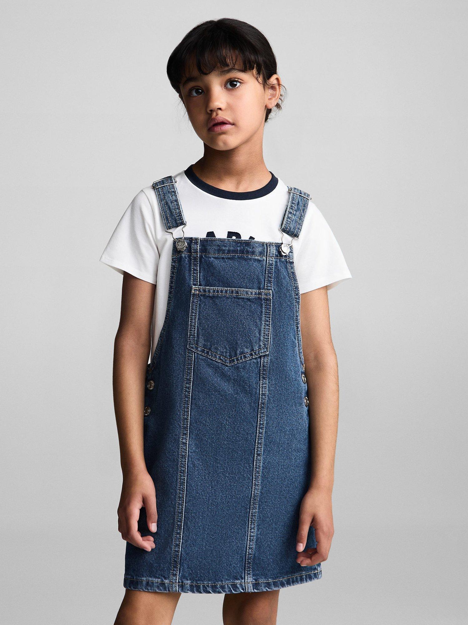 Mango Kids Paula Denim Dungaree Dress Open Blue