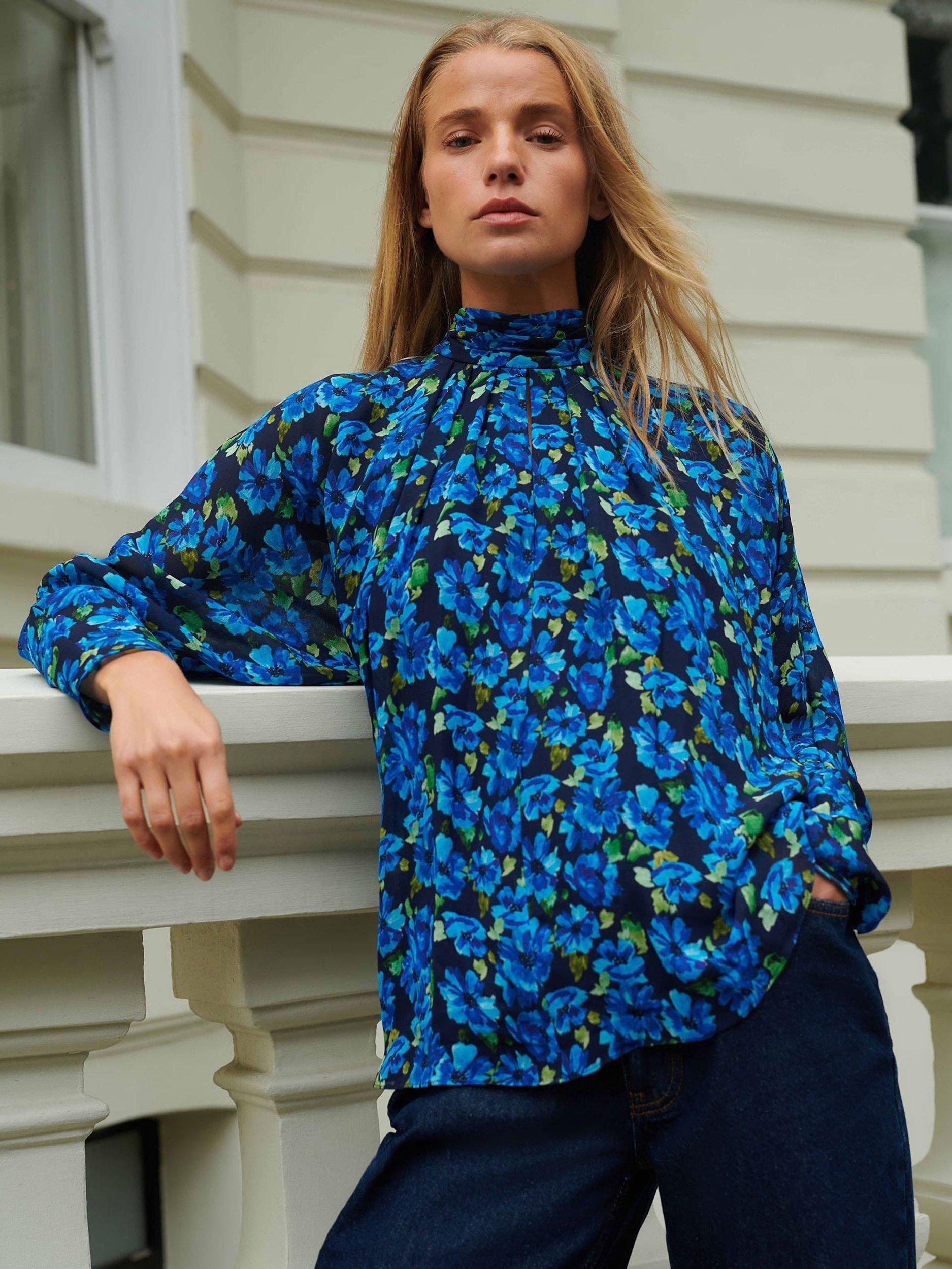 Product image 1 of 5, which shows Ro&Zo Floral Print Blouse, Blue/Multi, 6