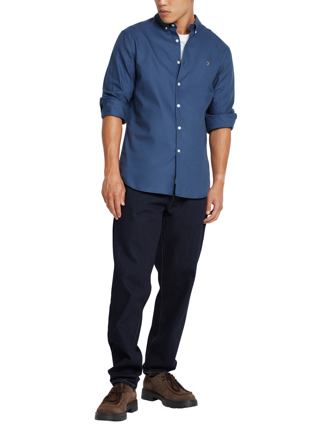 Product image 3 of 5, which shows Farah Brewer Long Sleeve Organic Cotton Shirt, Deep Blue, L