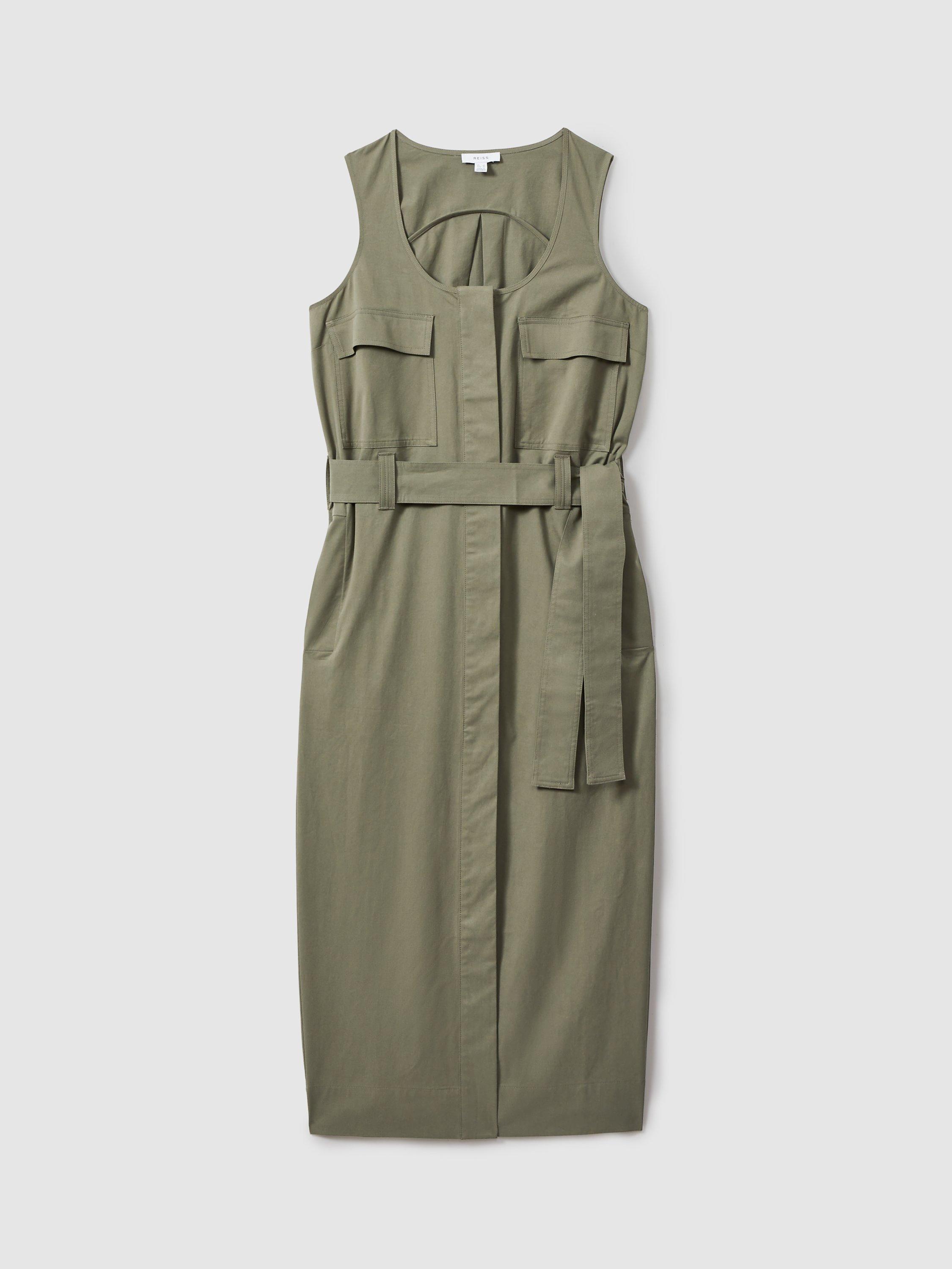 Product image 5 of 5, which shows Reiss Elin Utility Midi Dress, Sage, 14