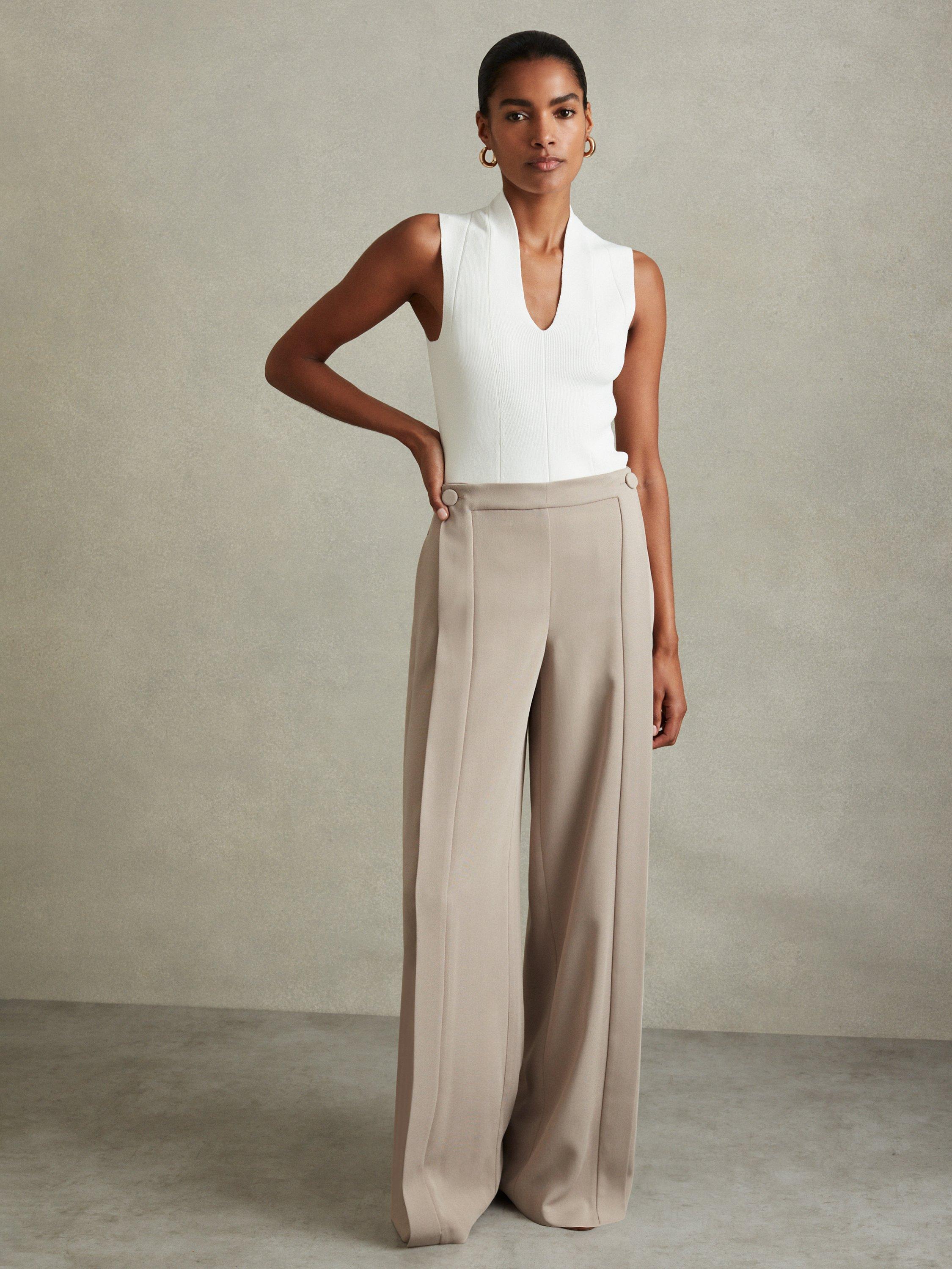 Reiss Coraline Button Front Wide Leg Trousers Stone