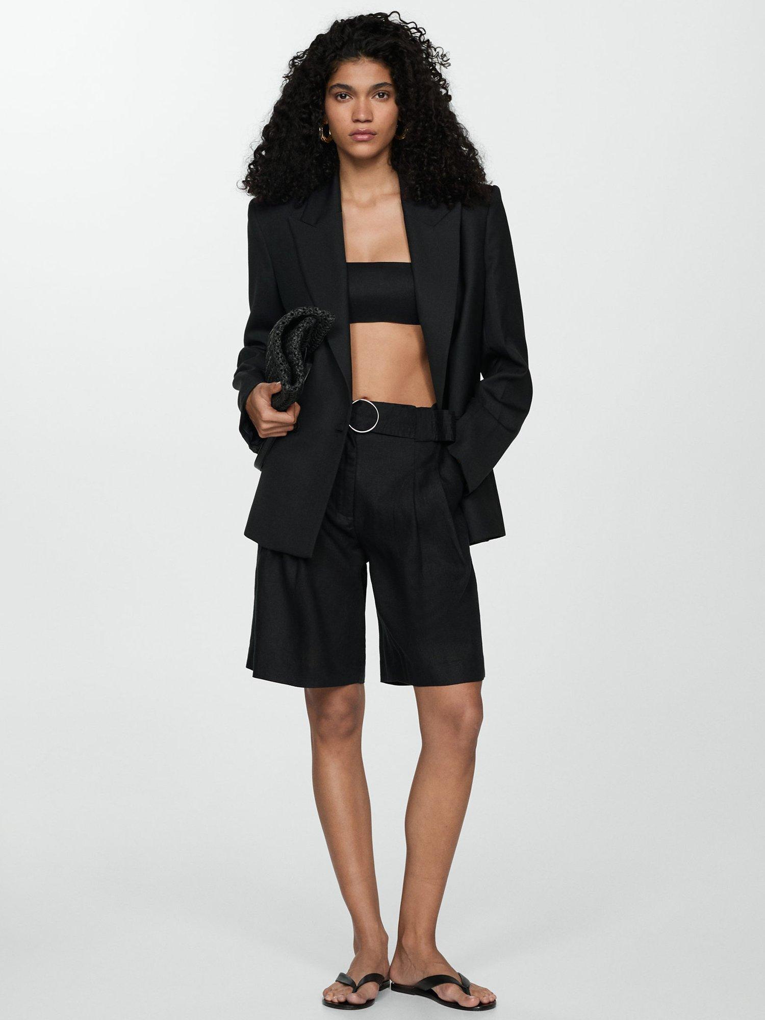 Mango Samari Linen Belted Shorts, Black, 10