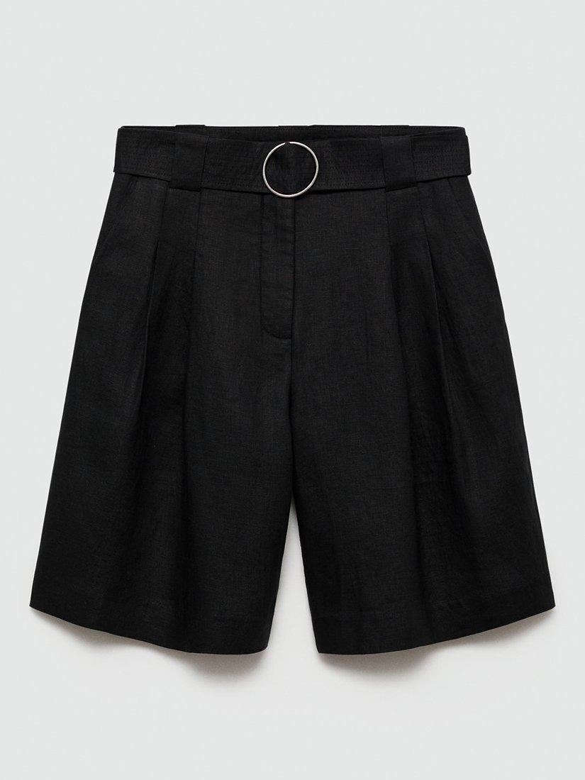 Mango Samari Linen Belted Shorts, Black, 10