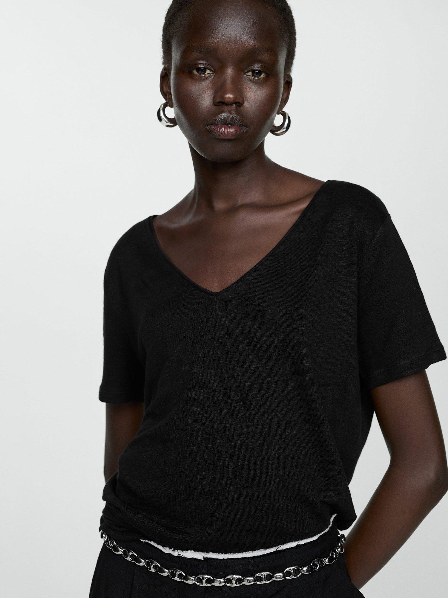 Mango Linito Linen V-Neck T-Shirt, Black