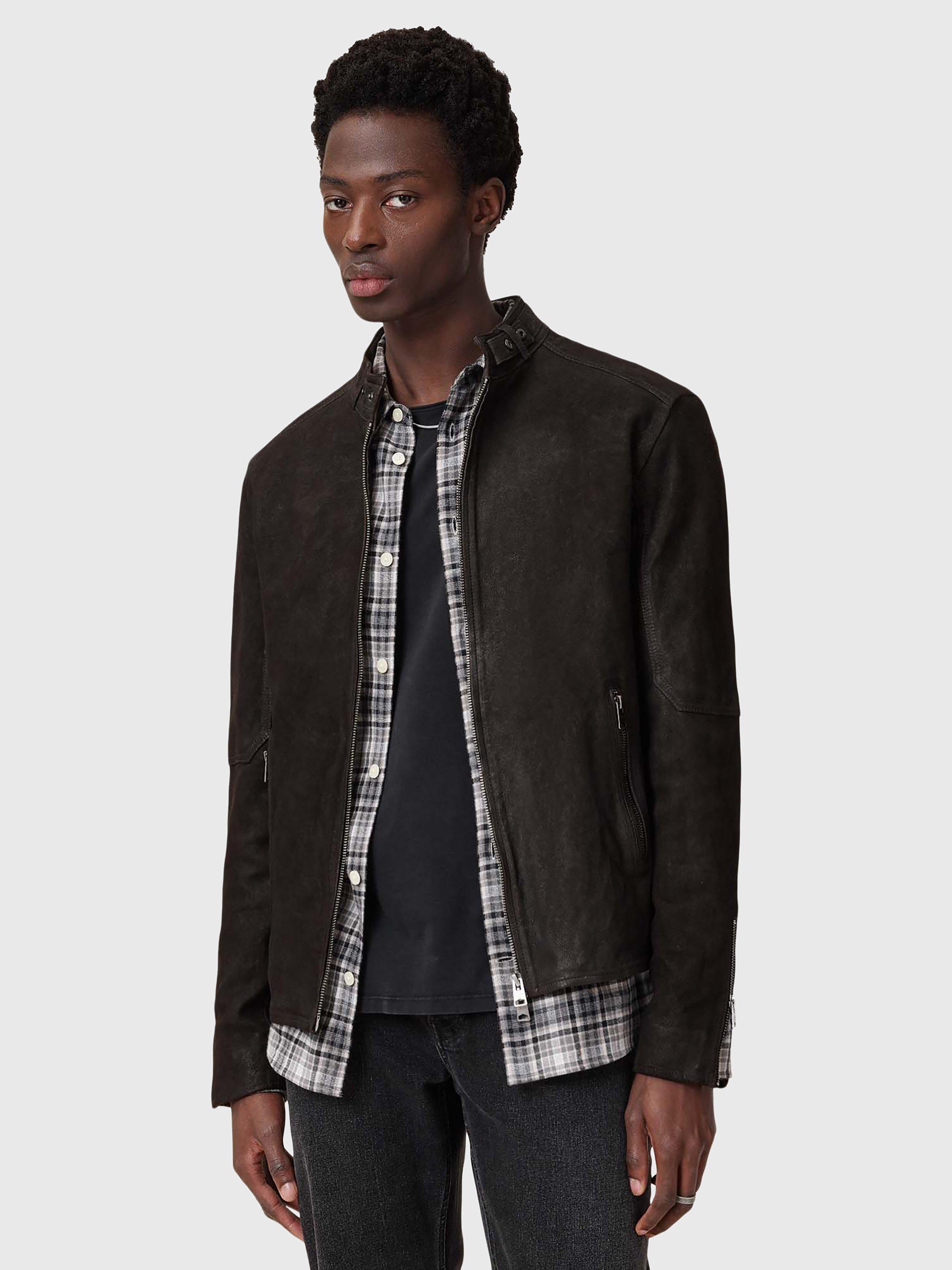 Product image 1 of 10, which shows AllSaints Cora Leather Jacket, Grey Graphite, XS