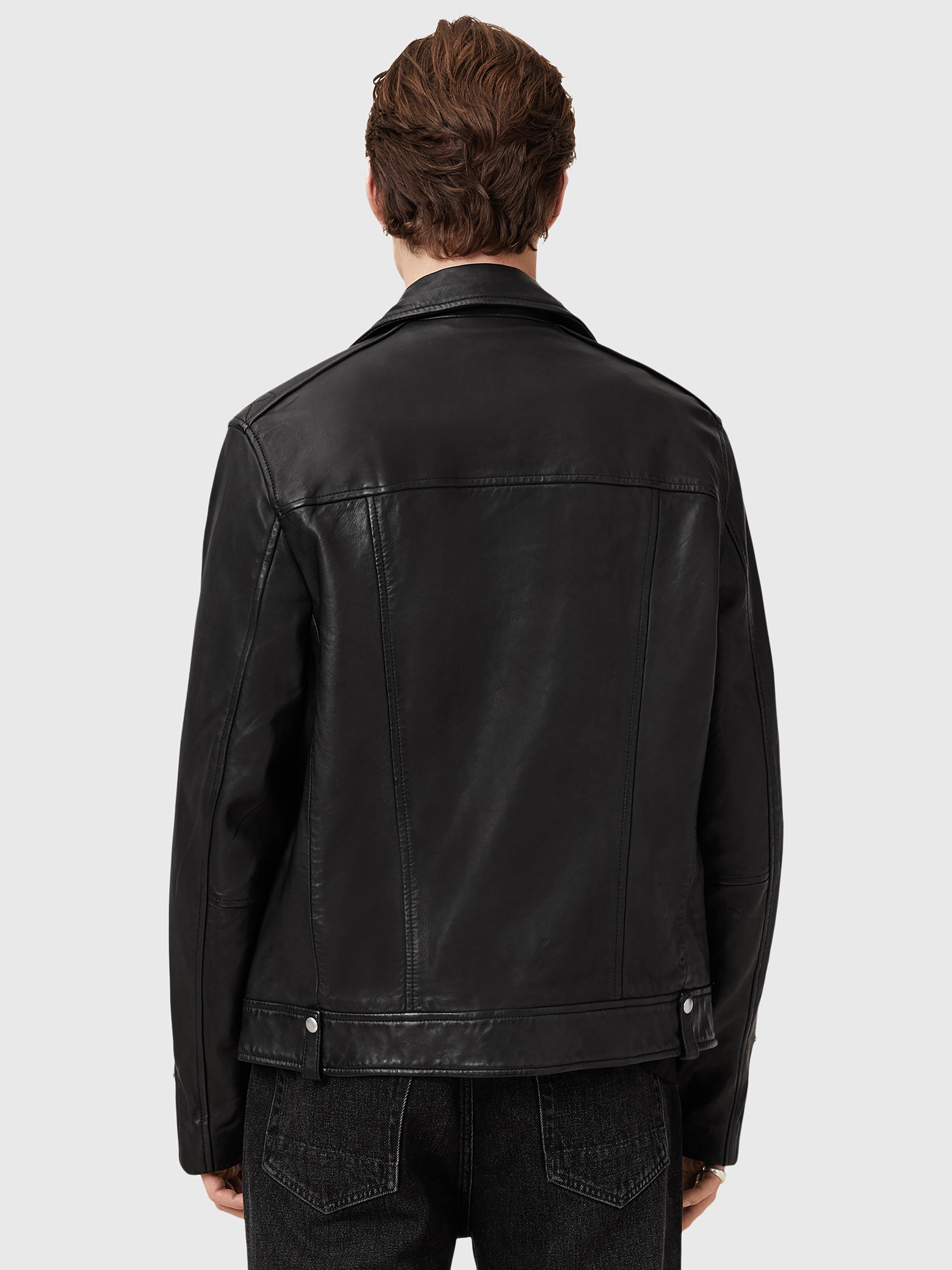 Product image 2 of 10, which shows AllSaints Milo Asymmetric Zip Leather Biker Jacket, Black, L
