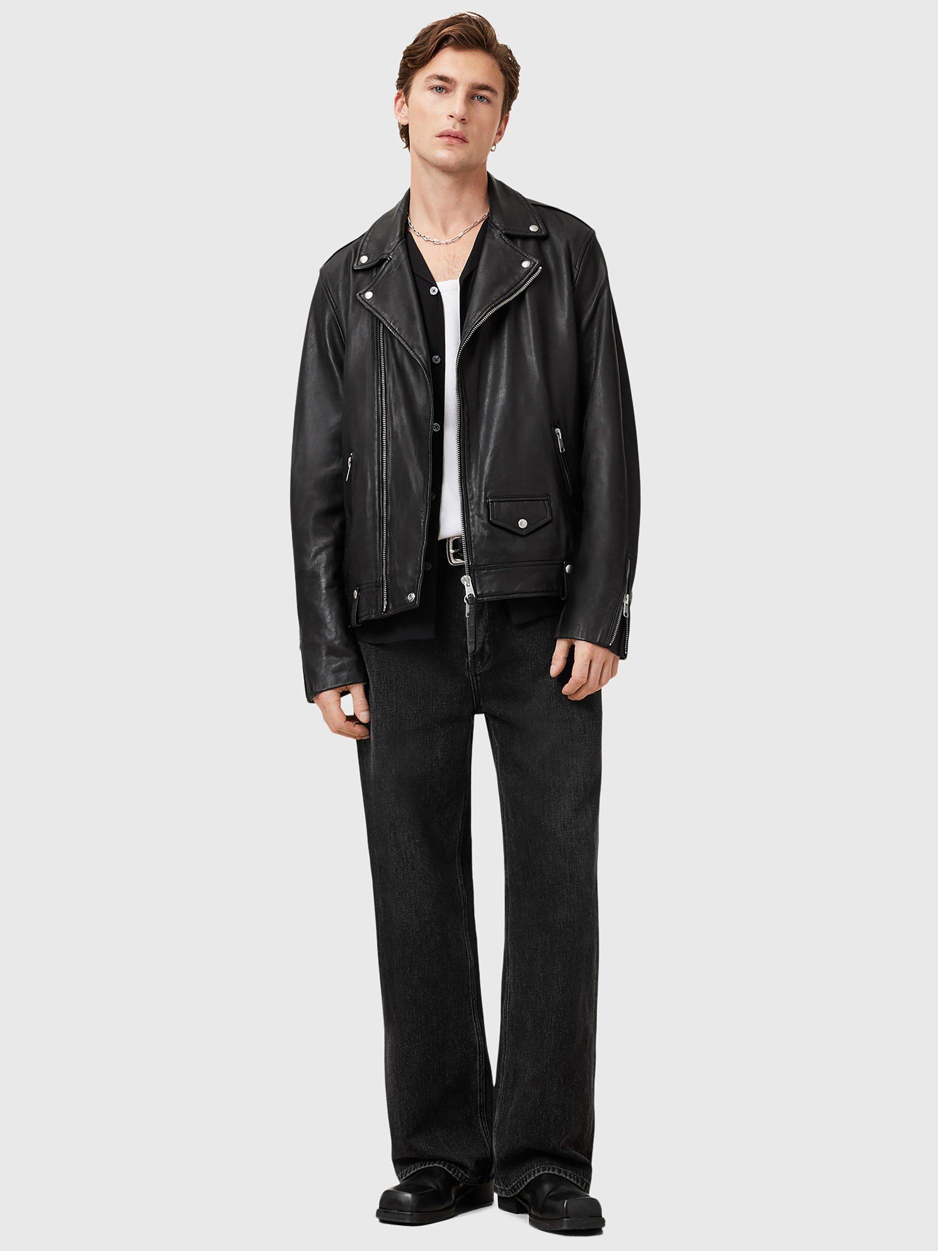 Product image 3 of 10, which shows AllSaints Milo Asymmetric Zip Leather Biker Jacket, Black, L