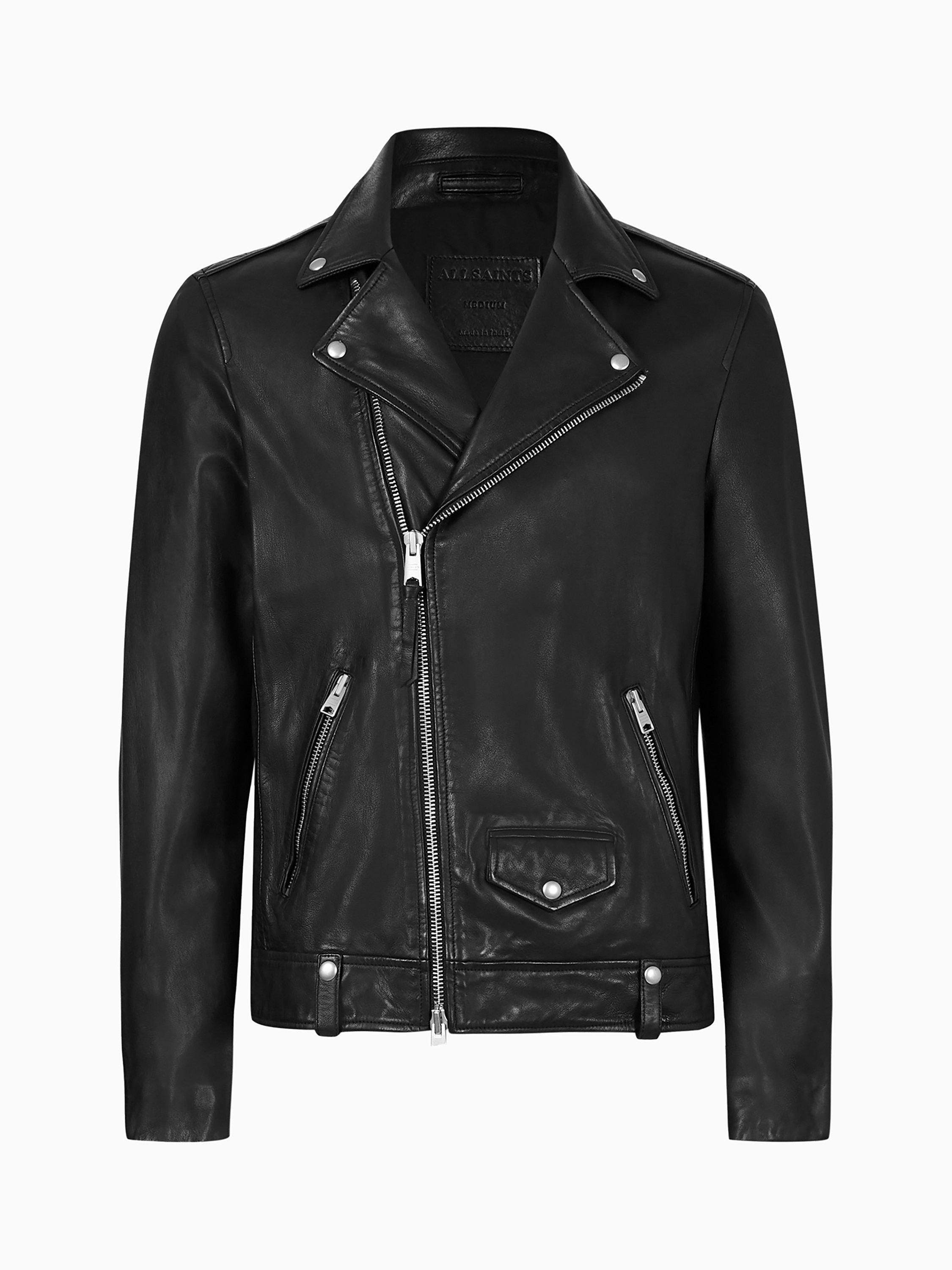 Product image 4 of 10, which shows AllSaints Milo Asymmetric Zip Leather Biker Jacket, Black, L