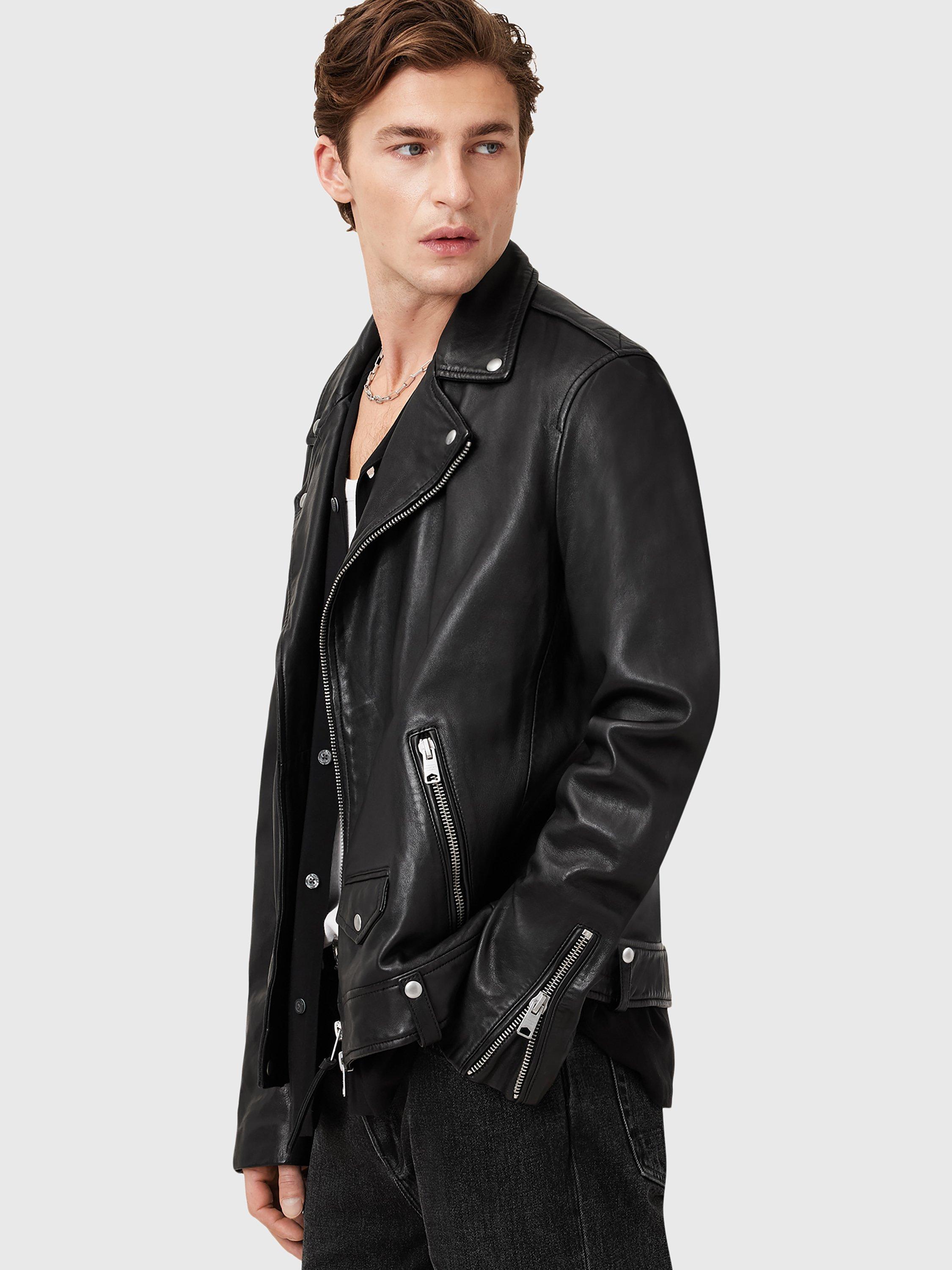 Product image 5 of 10, which shows AllSaints Milo Asymmetric Zip Leather Biker Jacket, Black, L