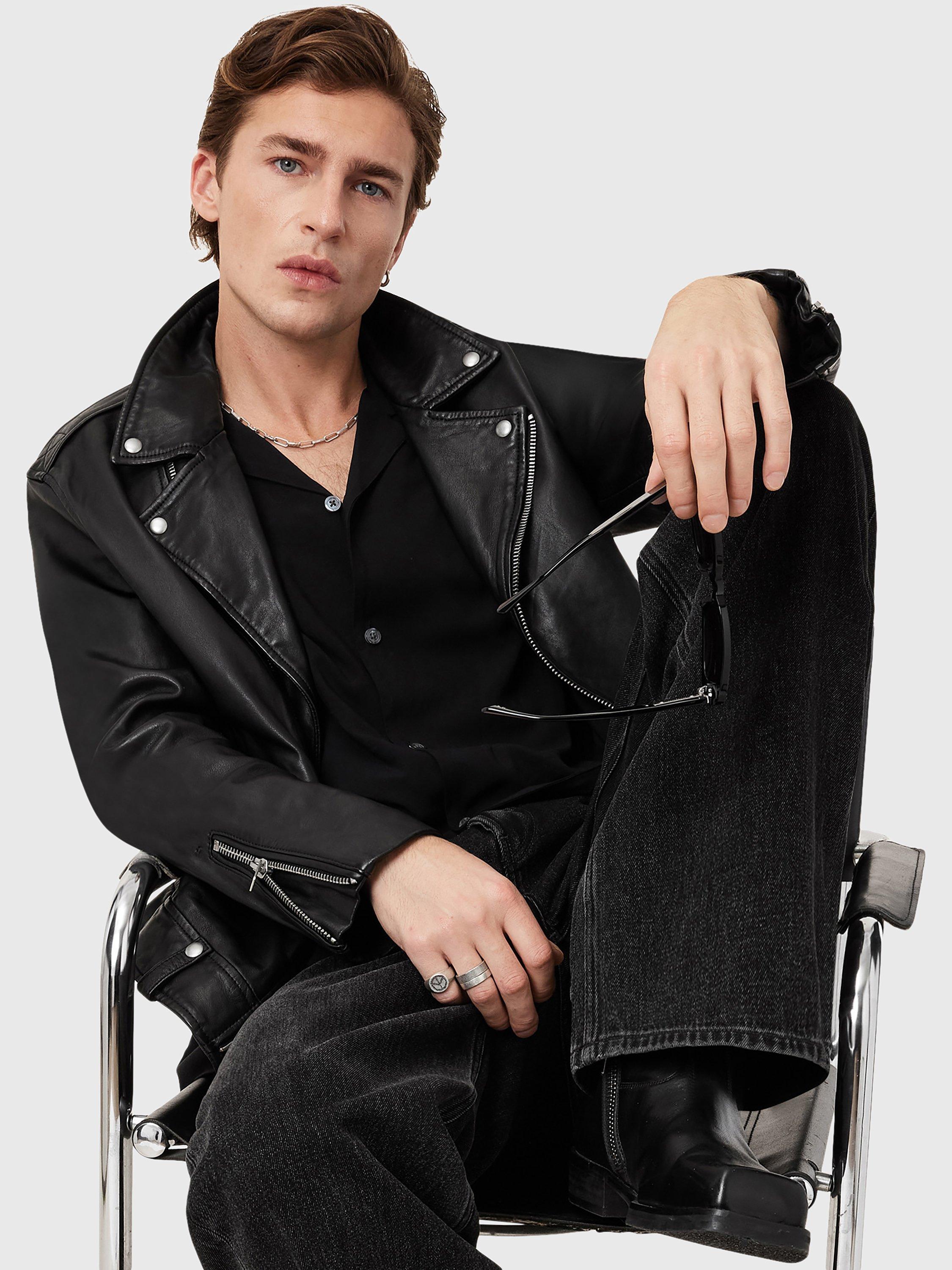 Product image 6 of 10, which shows AllSaints Milo Asymmetric Zip Leather Biker Jacket, Black, L