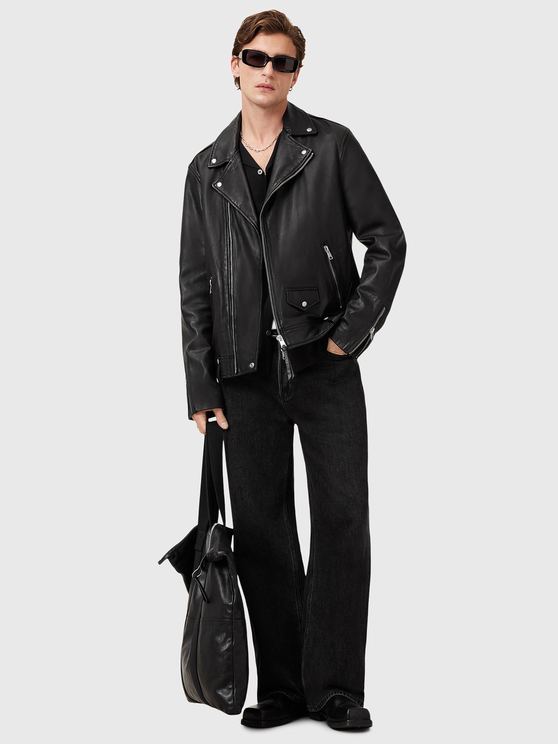 Product image 7 of 10, which shows AllSaints Milo Asymmetric Zip Leather Biker Jacket, Black, L