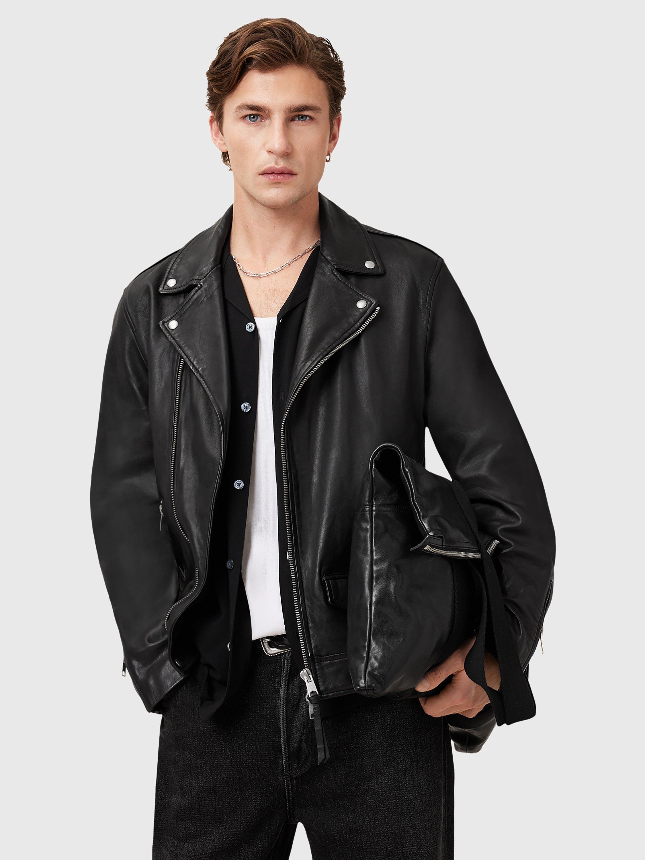 Product image 8 of 10, which shows AllSaints Milo Asymmetric Zip Leather Biker Jacket, Black, L